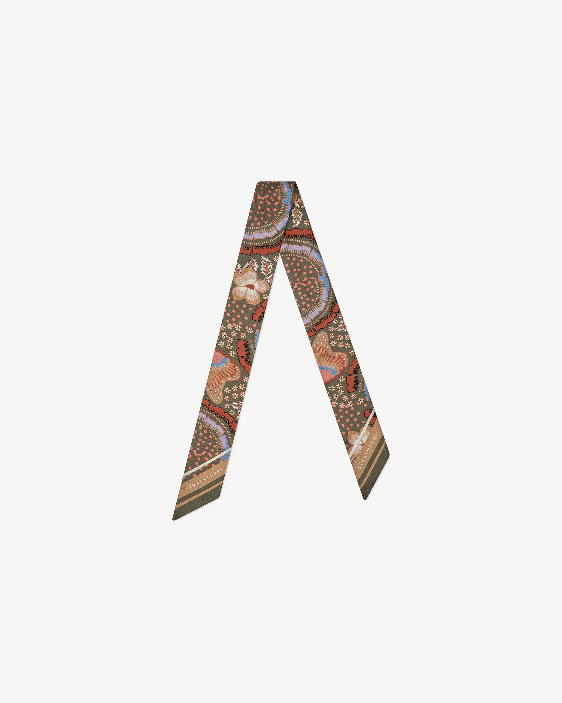 Silk Skinny Scarf — Embroidery Print in Khaki & Caramel