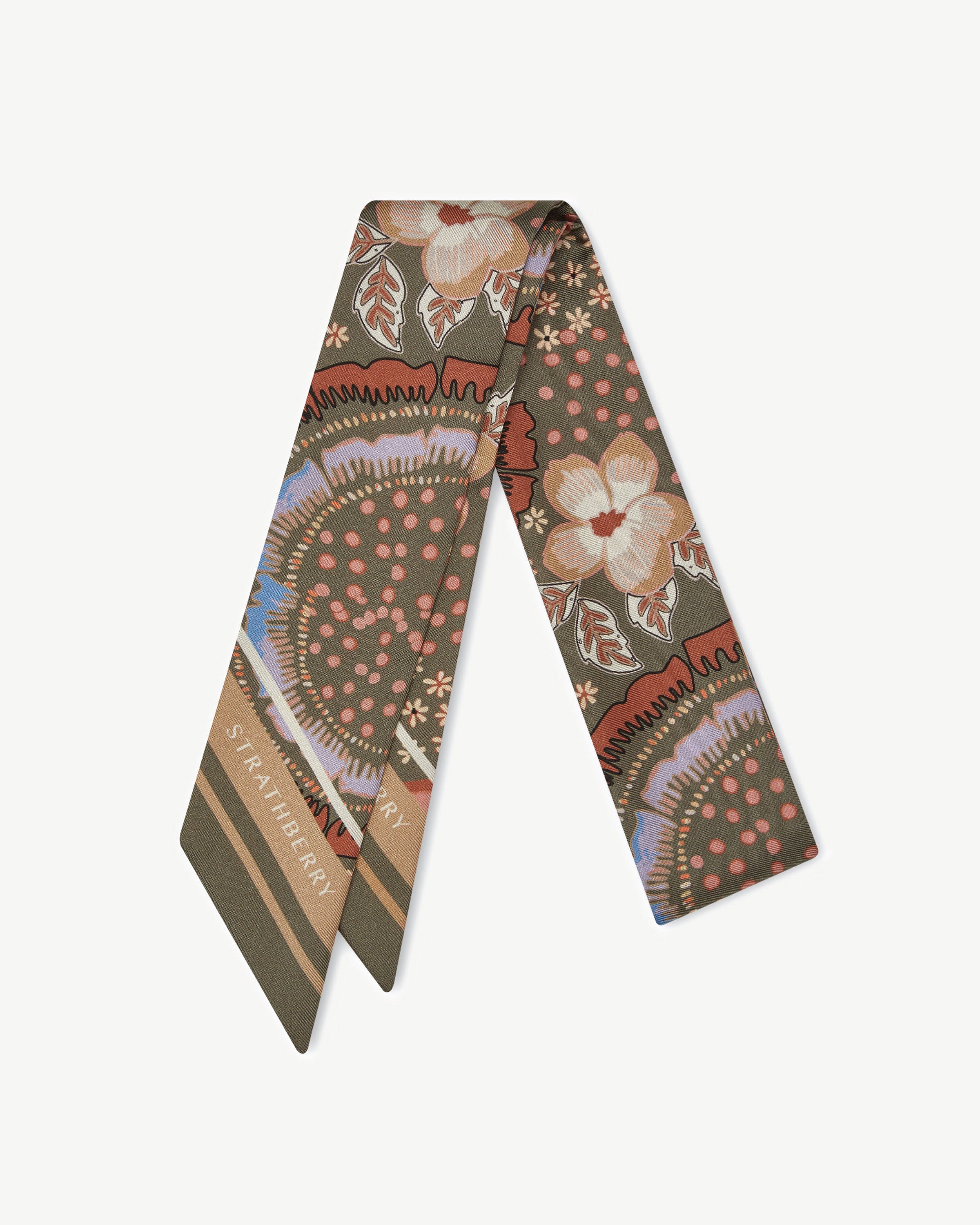 Silk Skinny Scarf — Embroidery Print in Khaki & Caramel