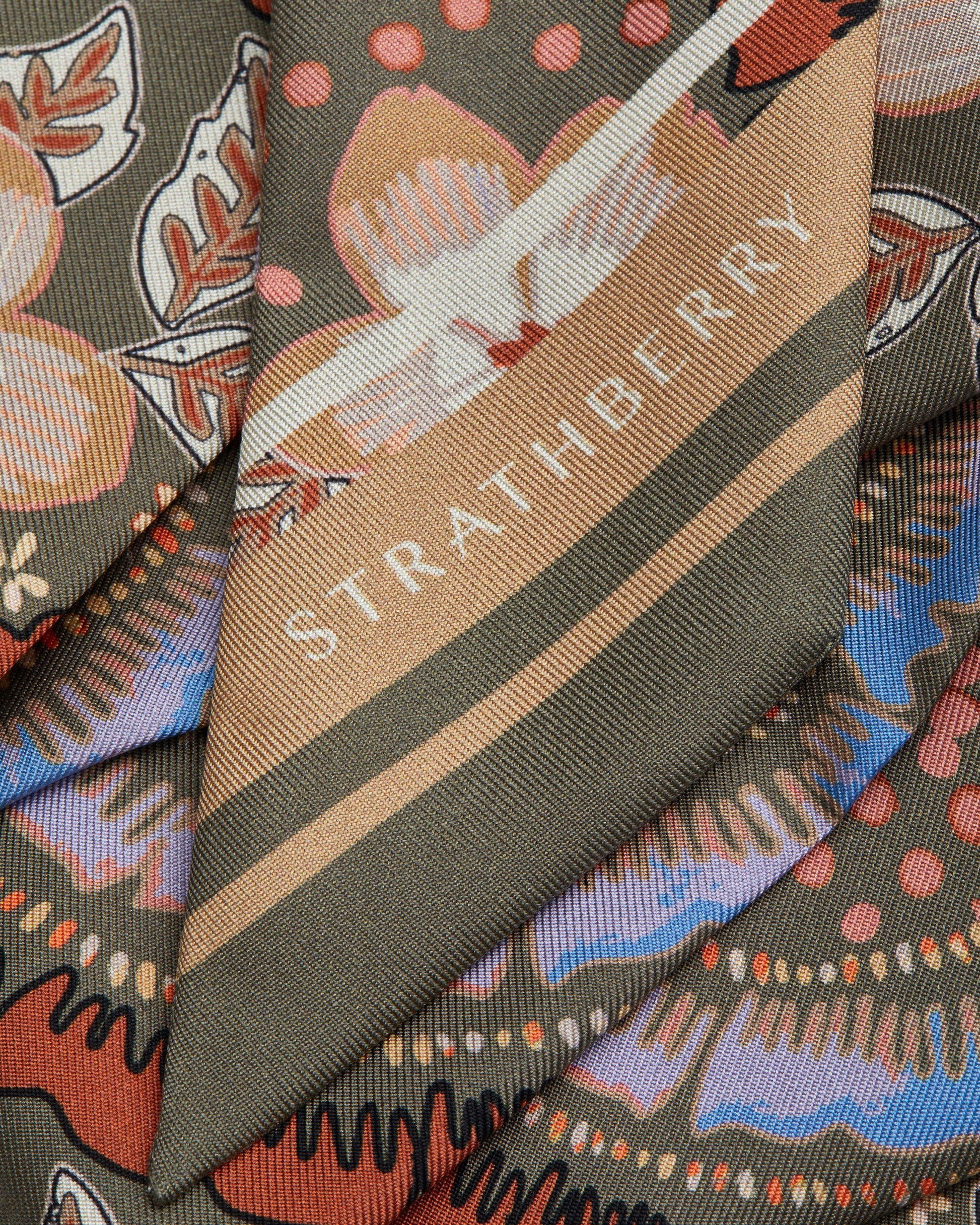 Silk Skinny Scarf — Embroidery Print in Khaki & Caramel