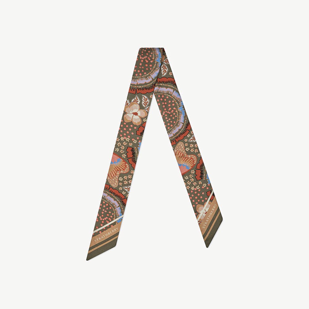 Silk Skinny Scarf — Embroidery Print in Khaki & Caramel