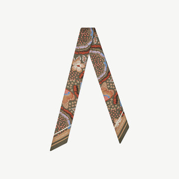 Silk Skinny Scarf — Embroidery Print in Khaki & Caramel
