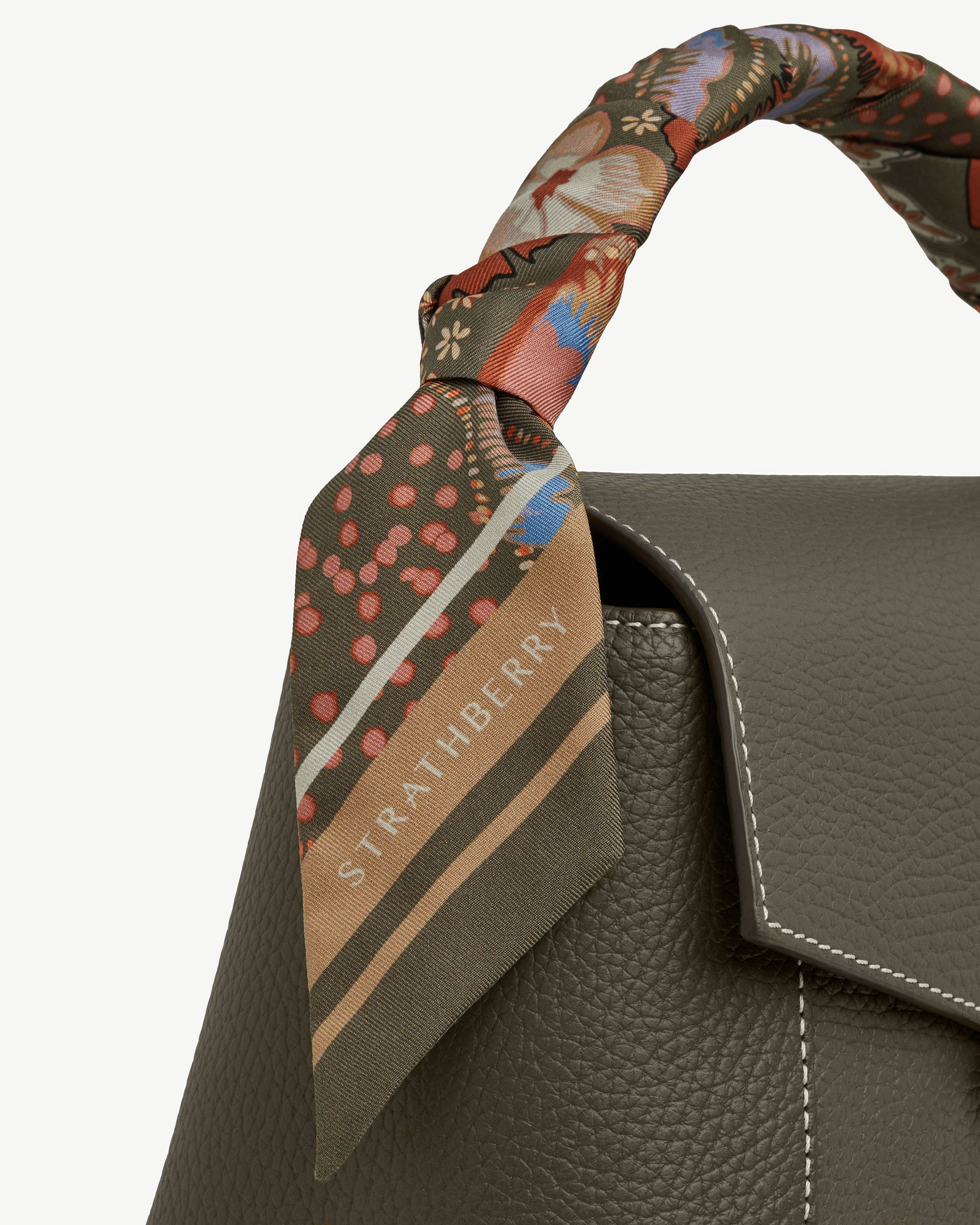 Silk Skinny Scarf — Embroidery Print in Khaki & Caramel