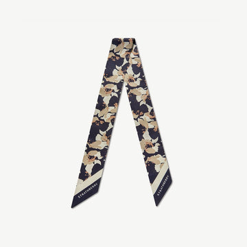 Silk Skinny Scarf — Abstract Floral in Navy & Sand
