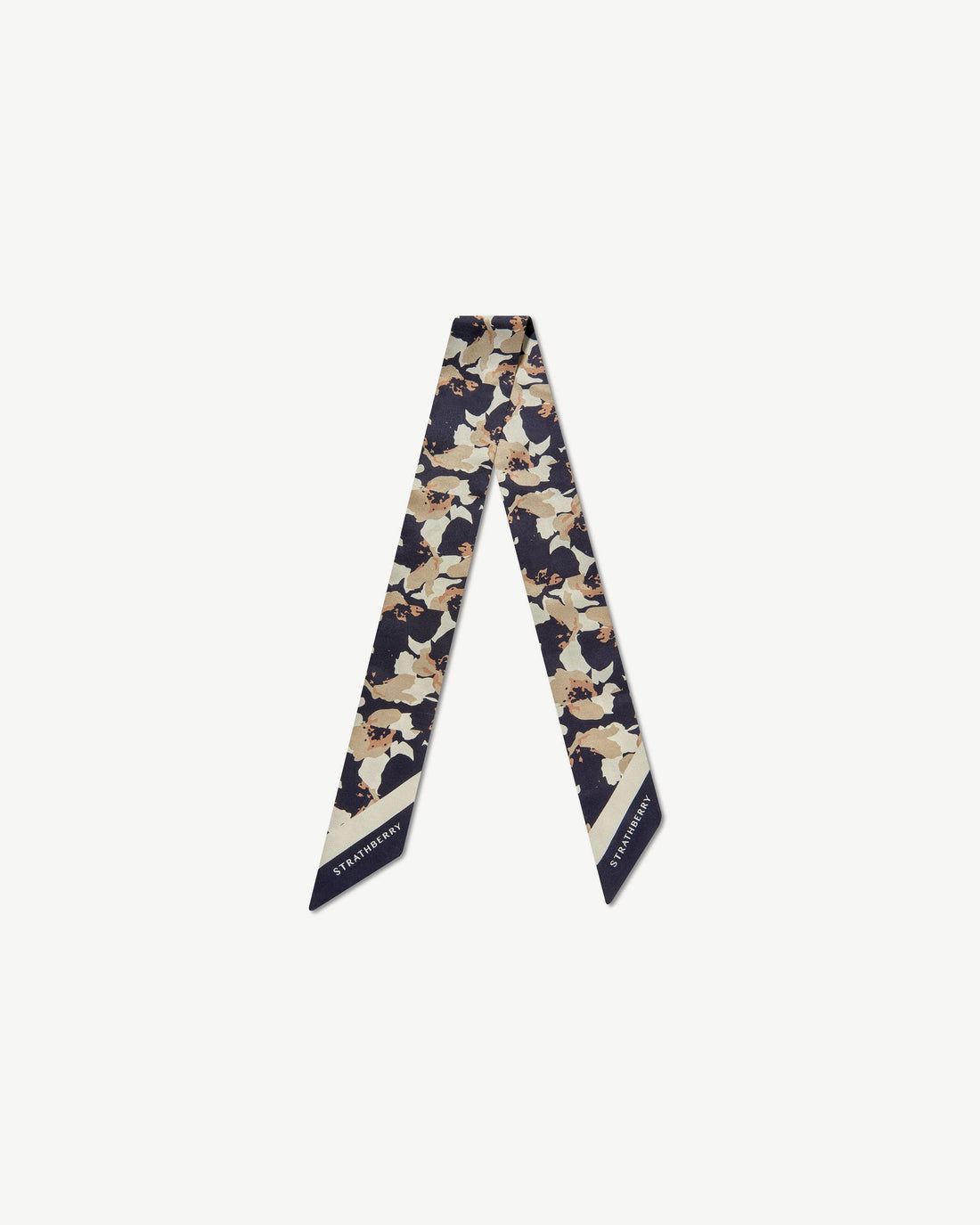 Silk Skinny Scarf — Abstract Floral in Navy & Sand