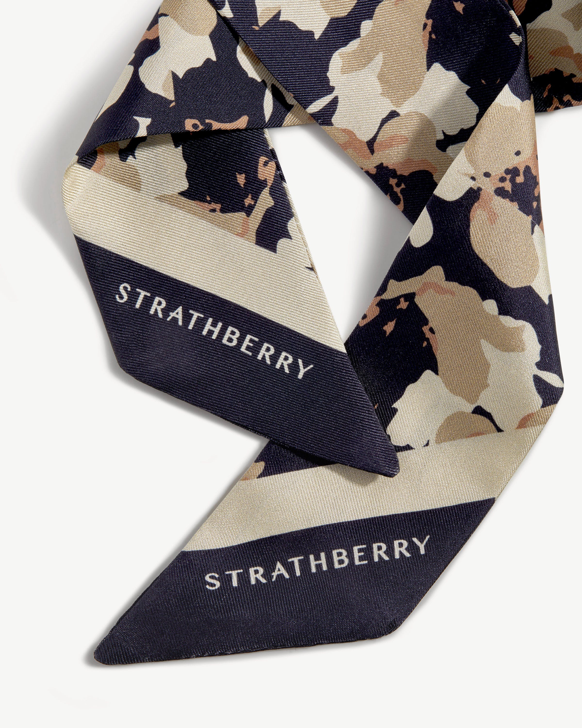 Silk Skinny Scarf — Abstract Floral in Navy & Sand
