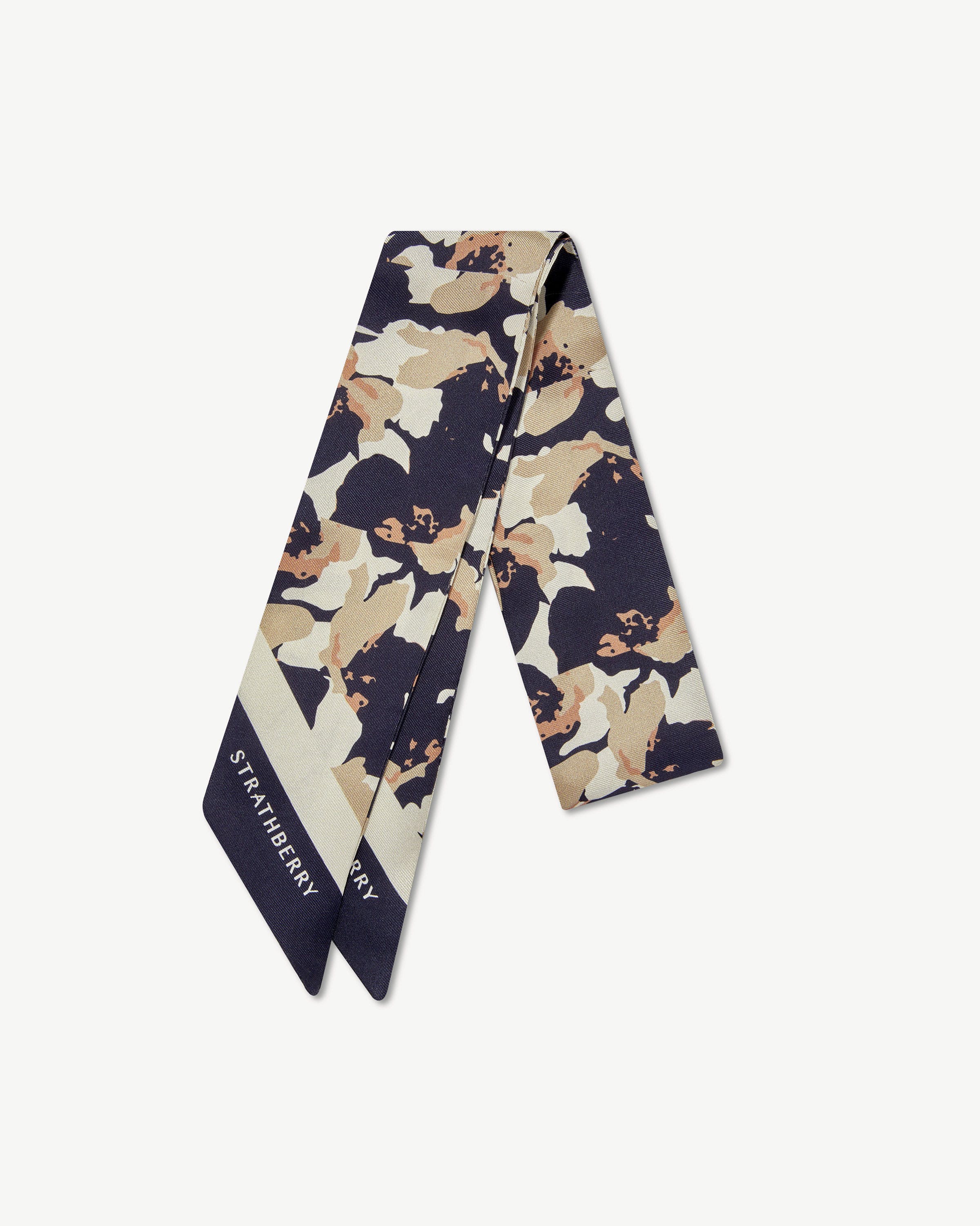 Silk Skinny Scarf — Abstract Floral in Navy & Sand