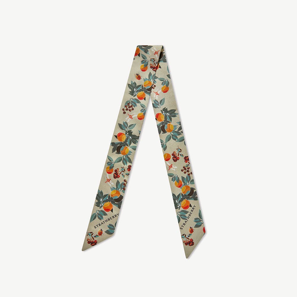 Silk Skinny Scarf — Floral Fruit Print in Orange & Green