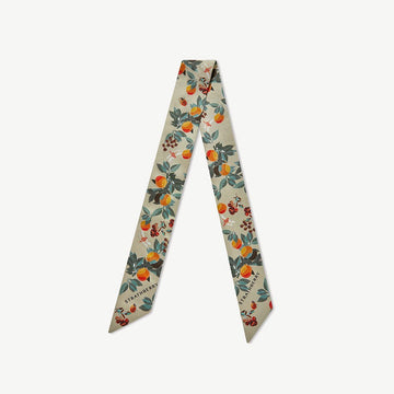 Silk Skinny Scarf — Floral Fruit Print in Orange & Green