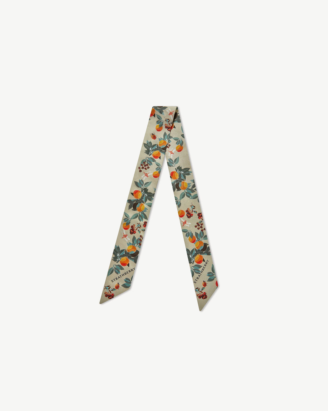 Silk Skinny Scarf — Floral Fruit Print in Orange & Green