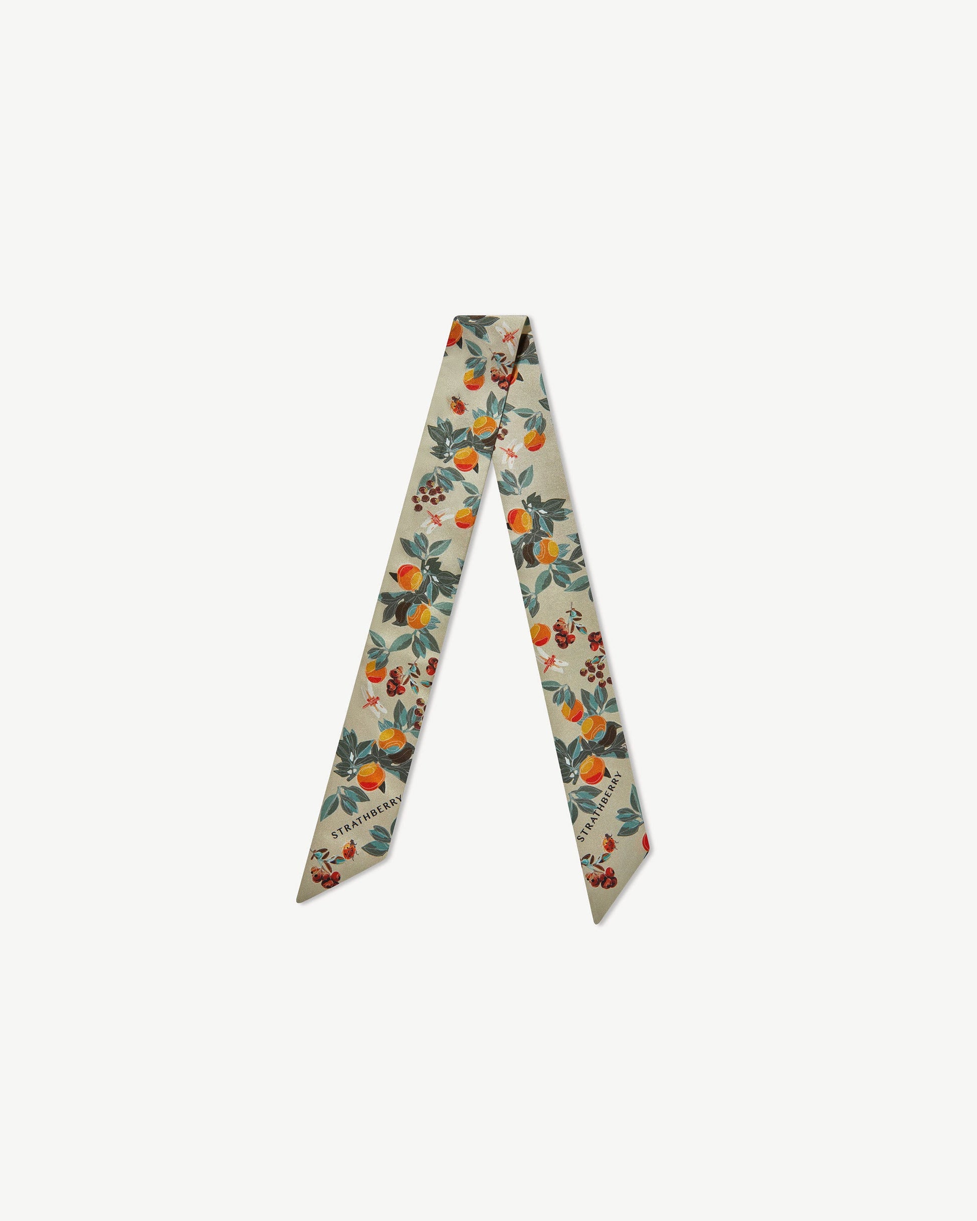 Silk Skinny Scarf — Floral Fruit Print in Orange & Green