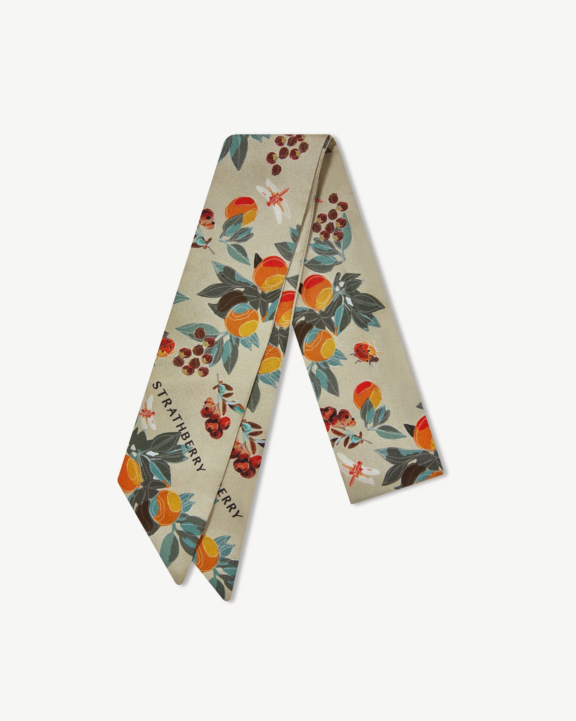 Silk Skinny Scarf — Floral Fruit Print in Orange & Green