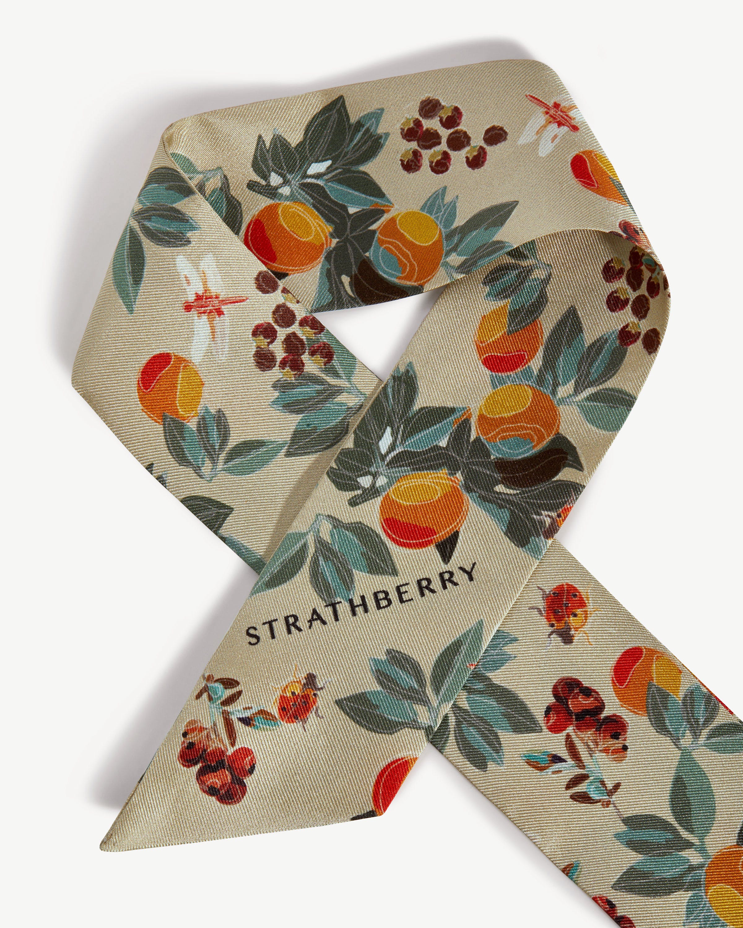 Silk Skinny Scarf — Floral Fruit Print in Orange & Green