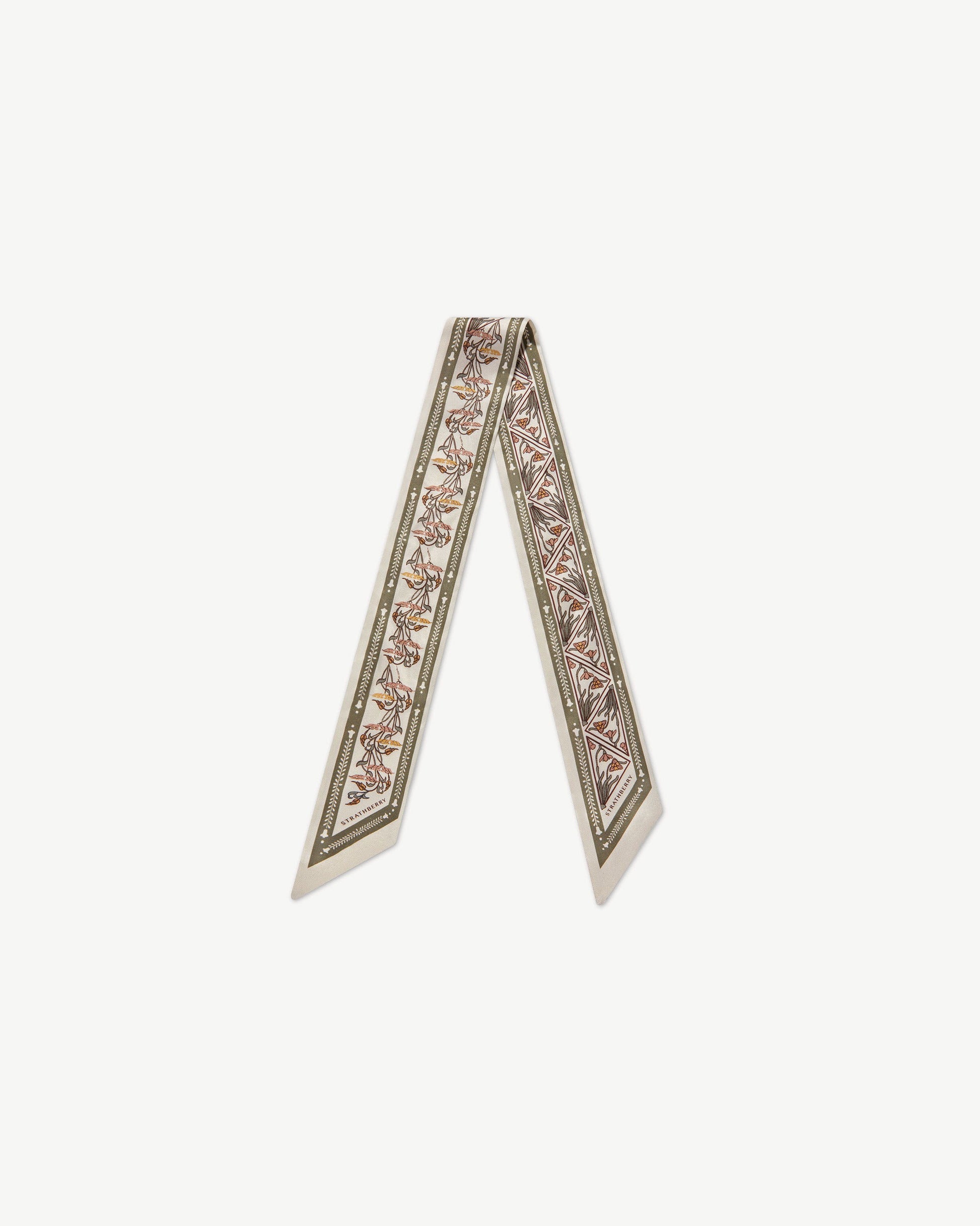 Silk Skinny Scarf — Geometric Print in Vanilla & Sage