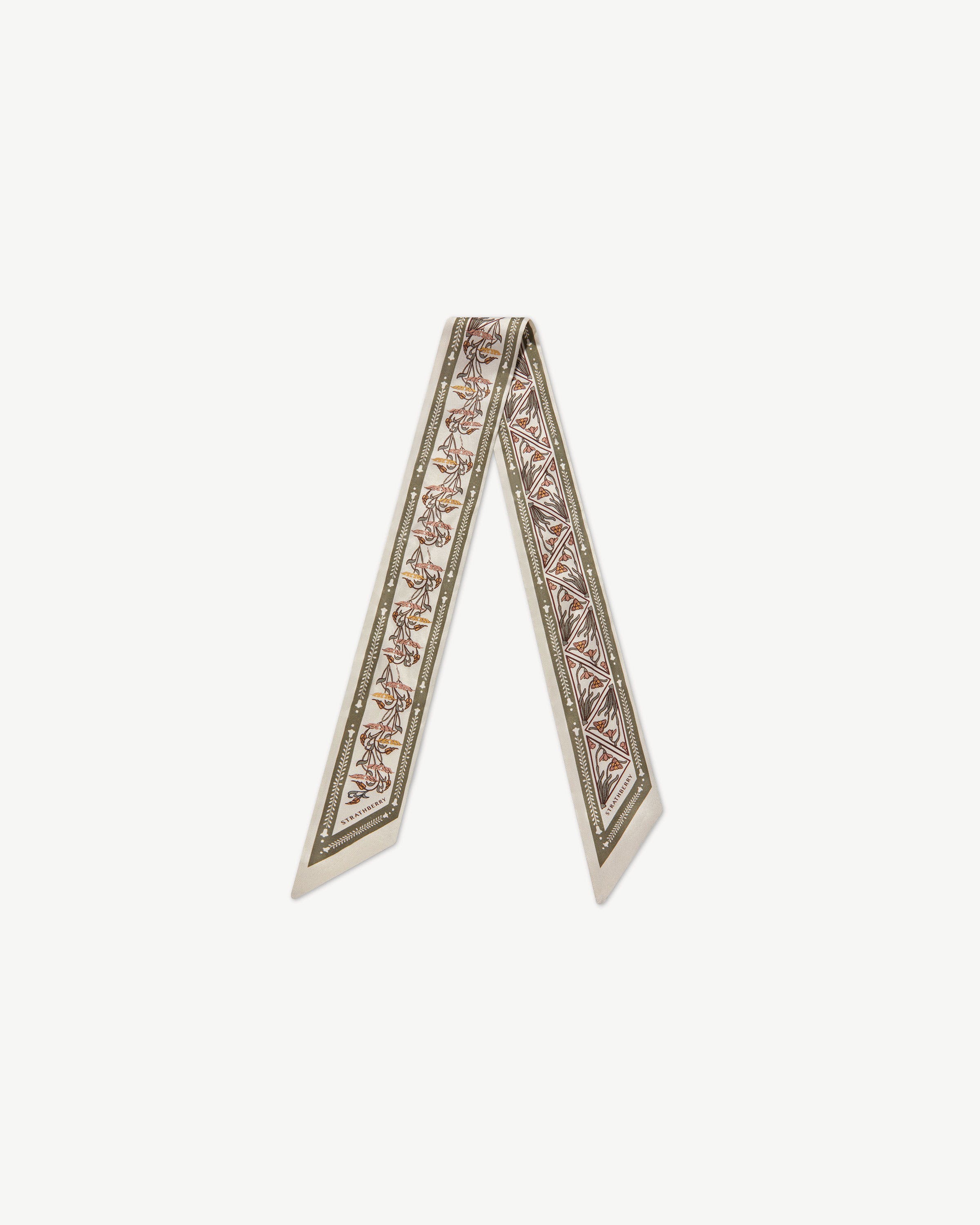 Silk Skinny Scarf — Geometric Print in Vanilla & Sage