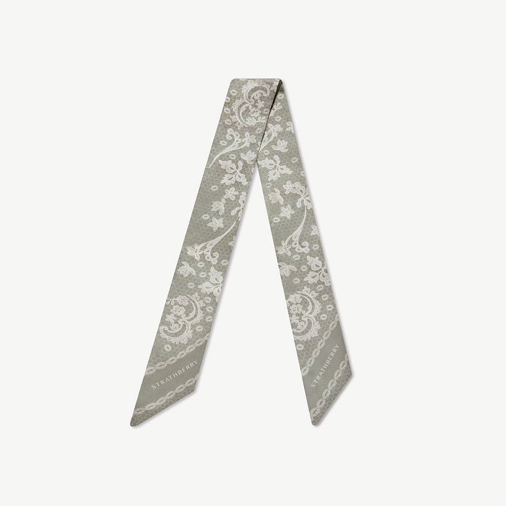 Silk Skinny Scarf — Sage Lace Print