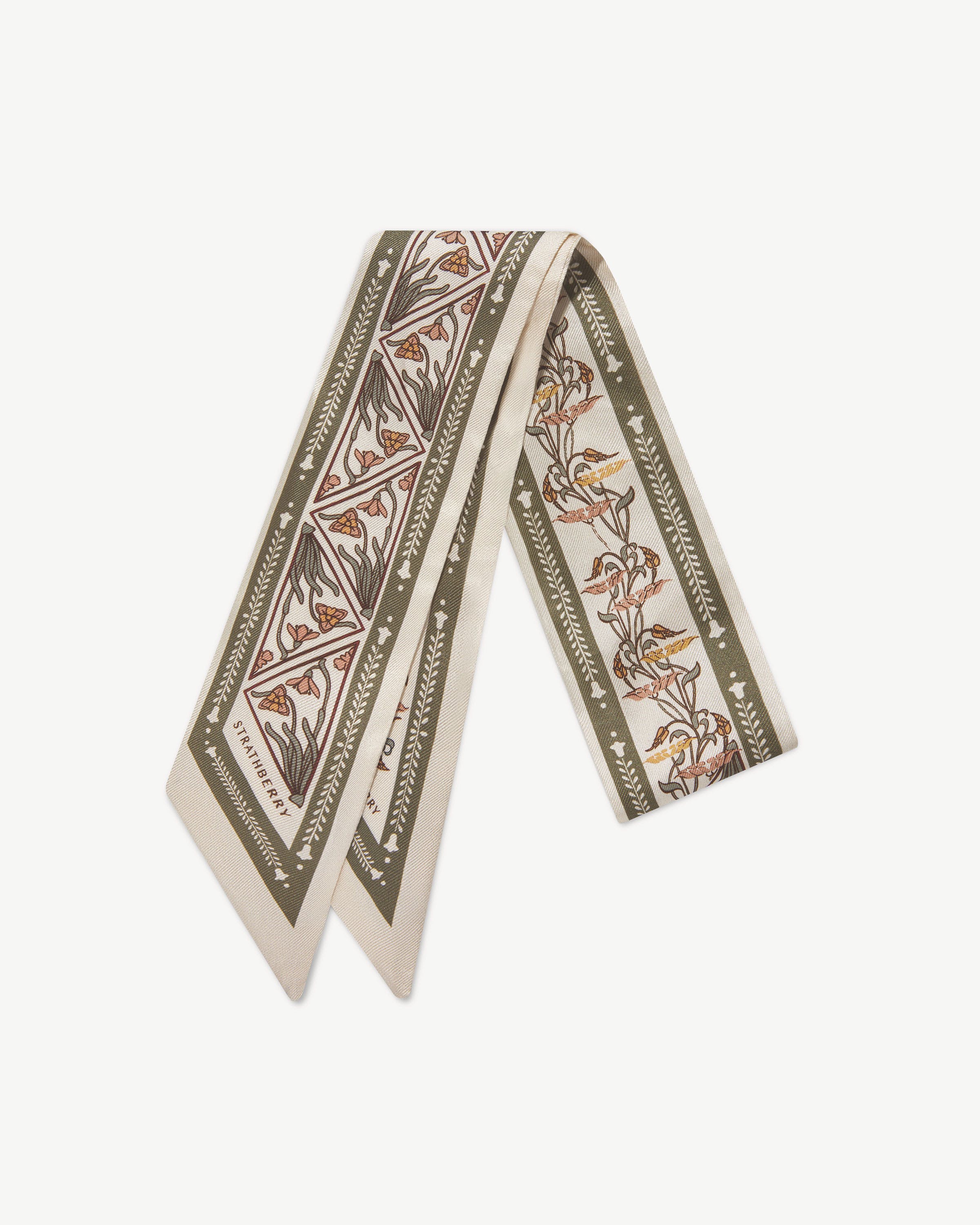Silk Skinny Scarf — Geometric Print in Vanilla & Sage