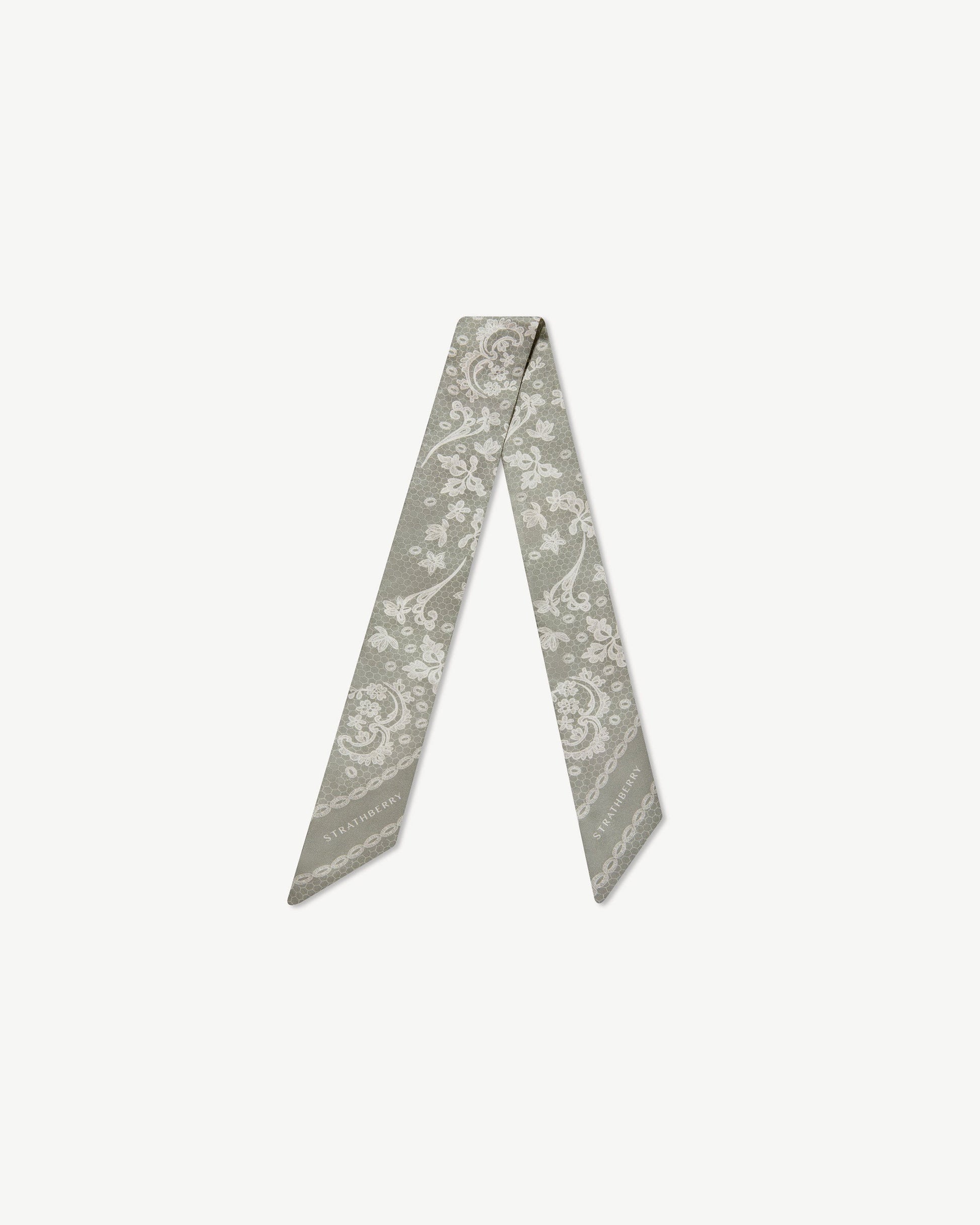 Silk Skinny Scarf — Sage Lace Print