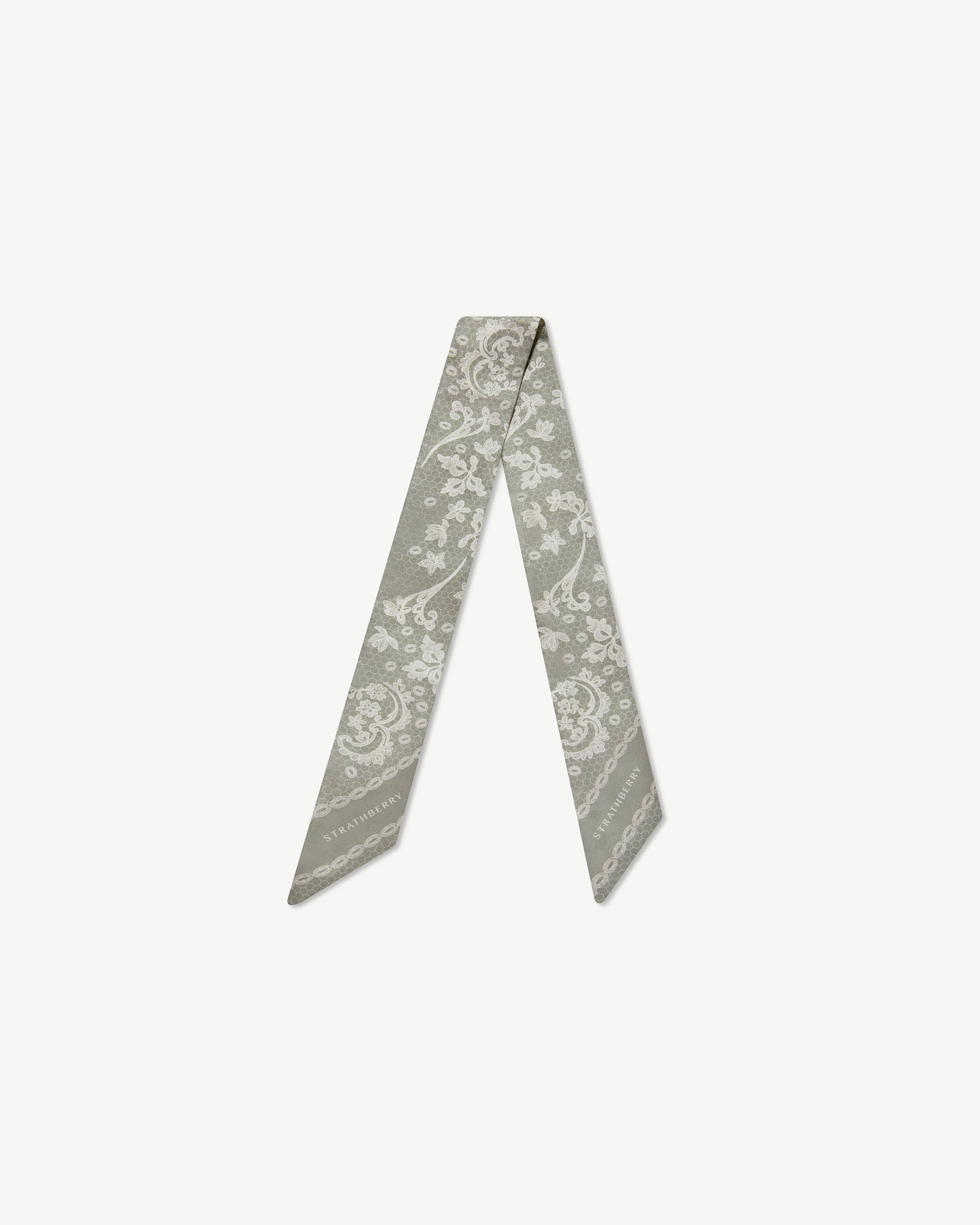 Silk Skinny Scarf — Sage Lace Print