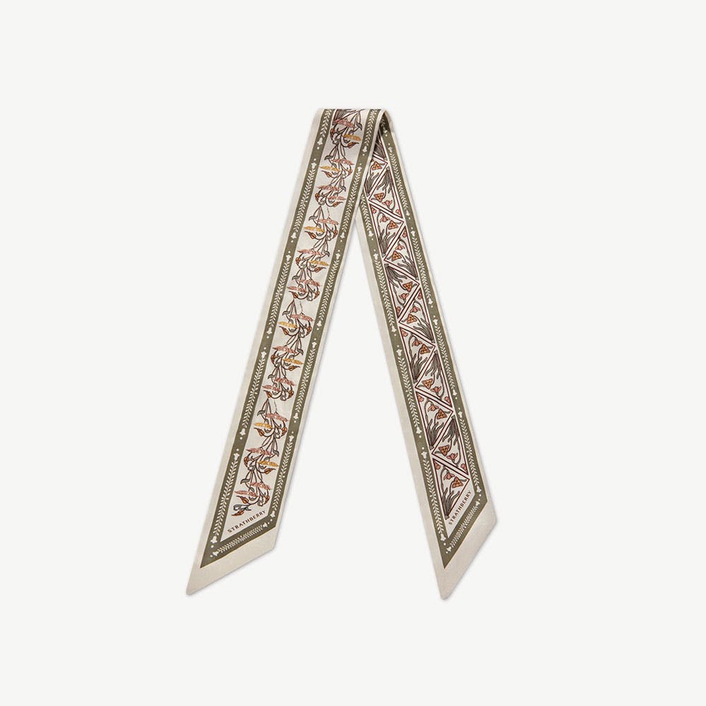 Silk Skinny Scarf — Geometric Print in Vanilla & Sage