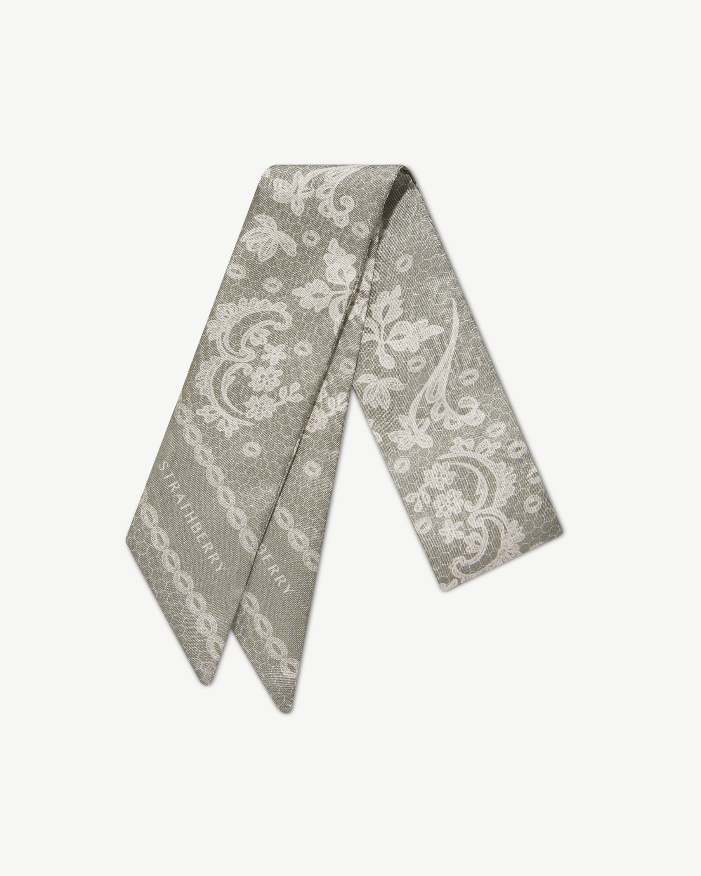 Silk Skinny Scarf — Sage Lace Print