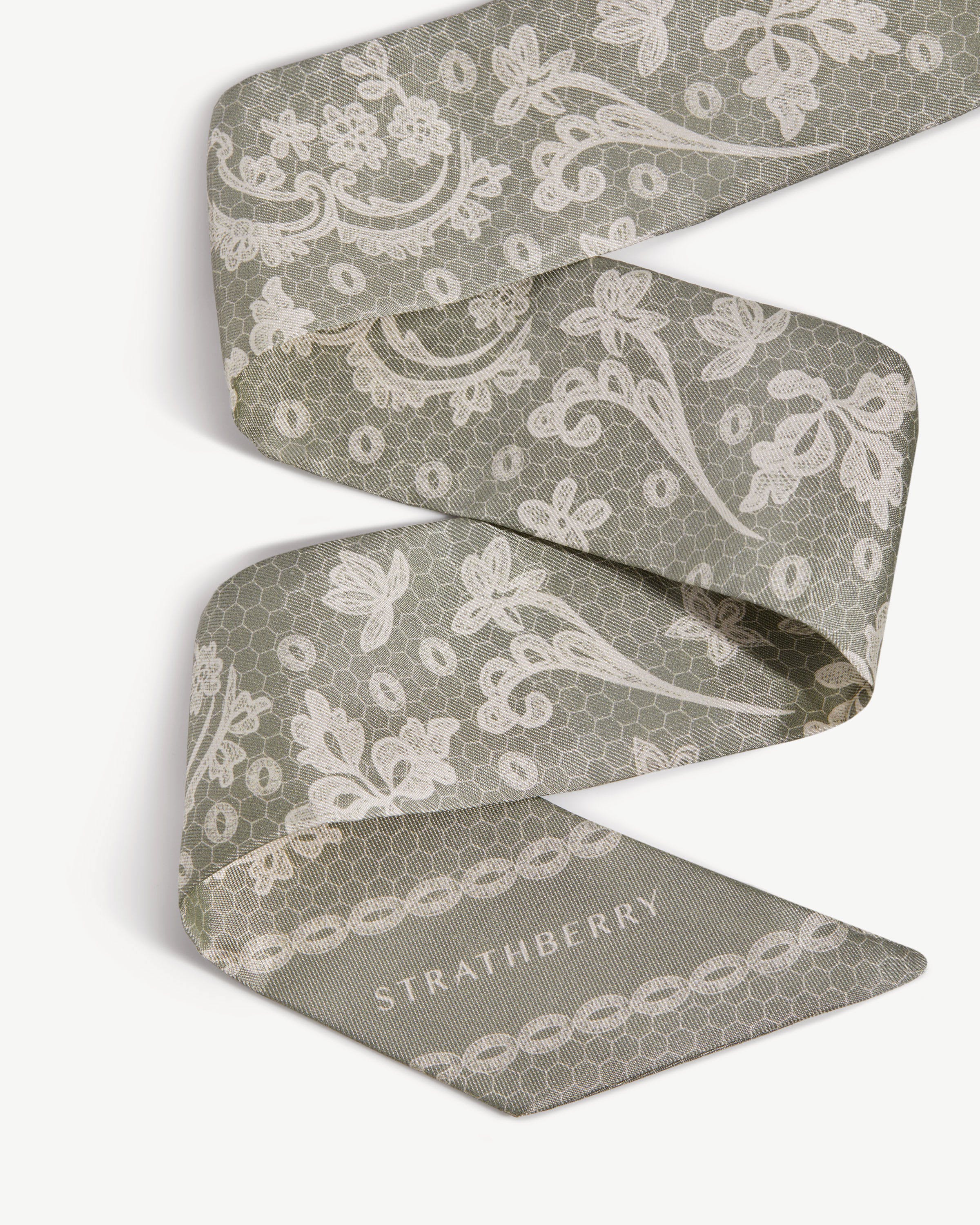 Silk Skinny Scarf — Sage Lace Print