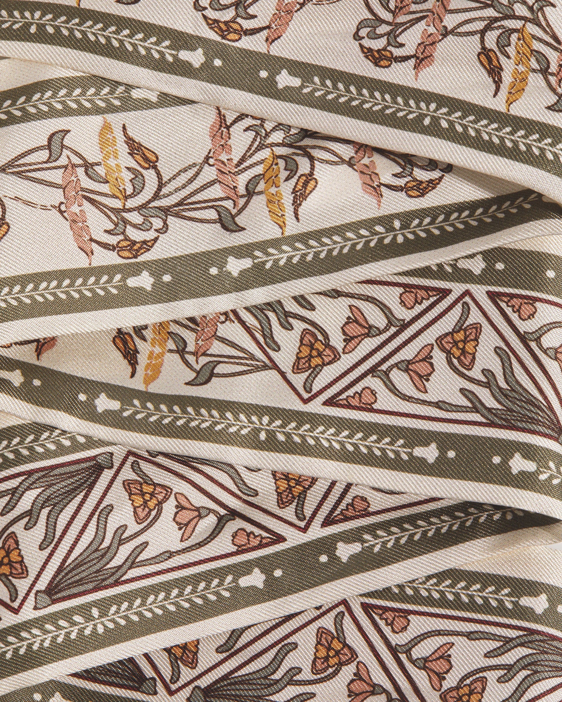 Silk Skinny Scarf — Geometric Print in Vanilla & Sage