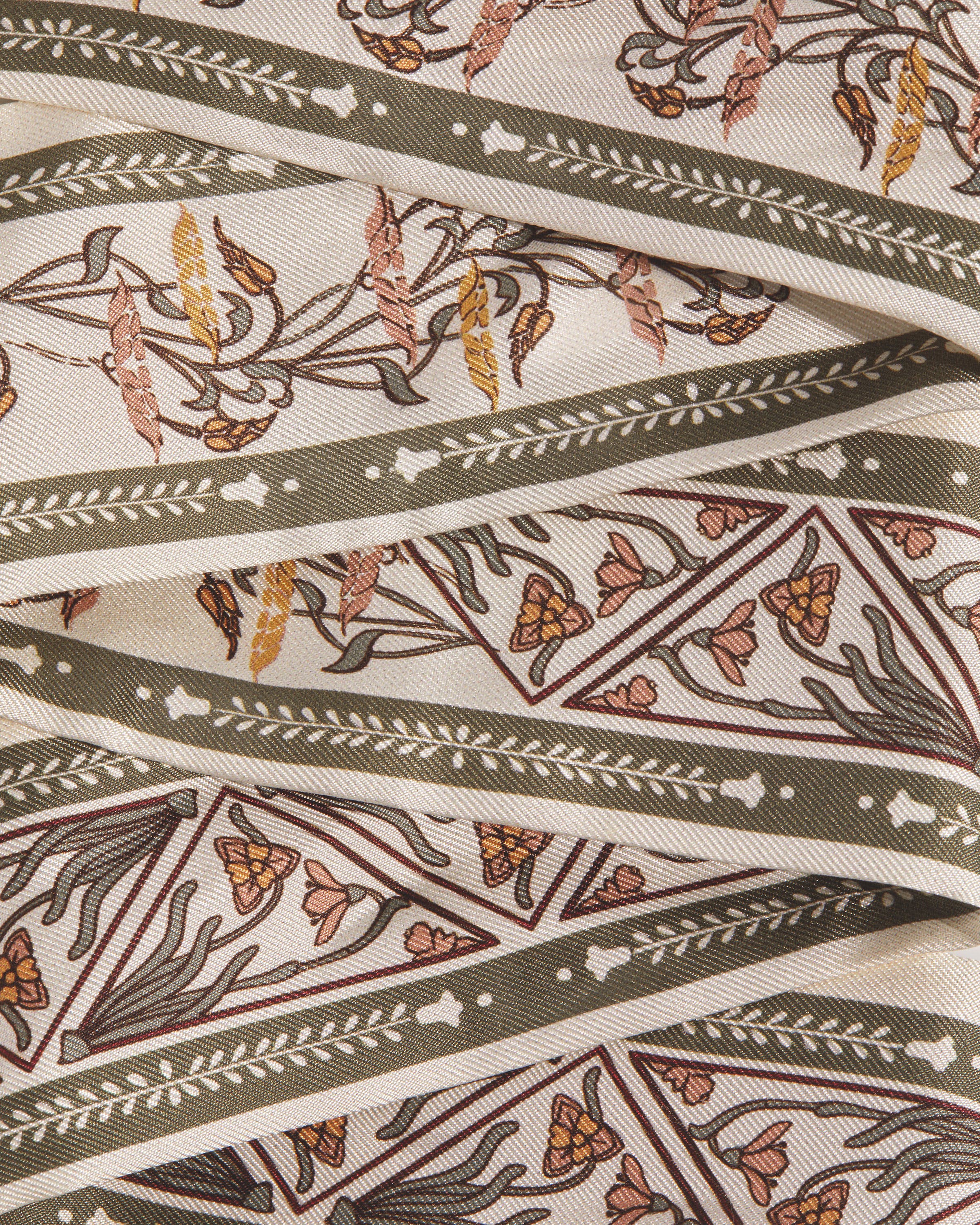 Silk Skinny Scarf — Geometric Print in Vanilla & Sage