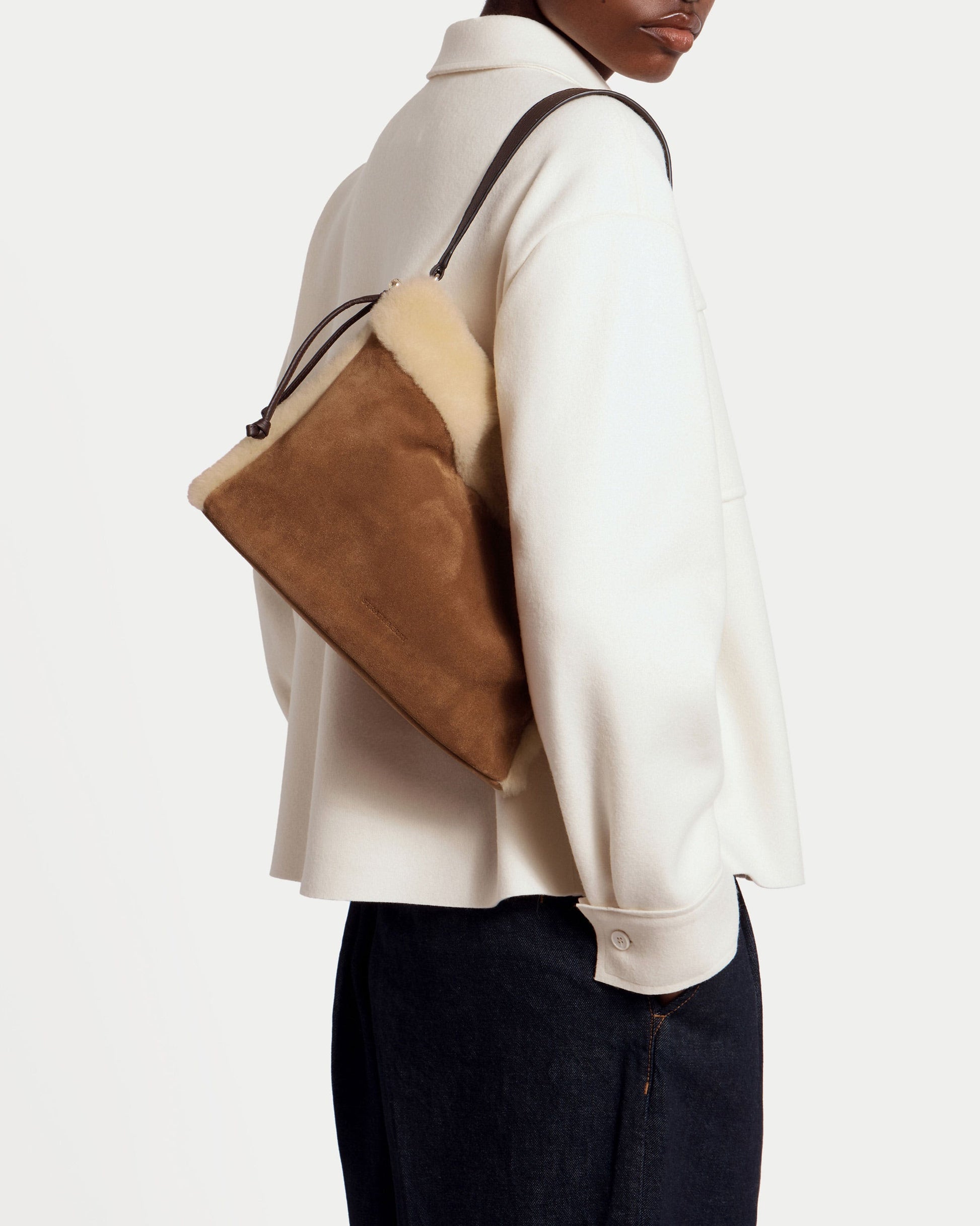 Charlotte Midi Drawstring — Tan Suede & Shearling
