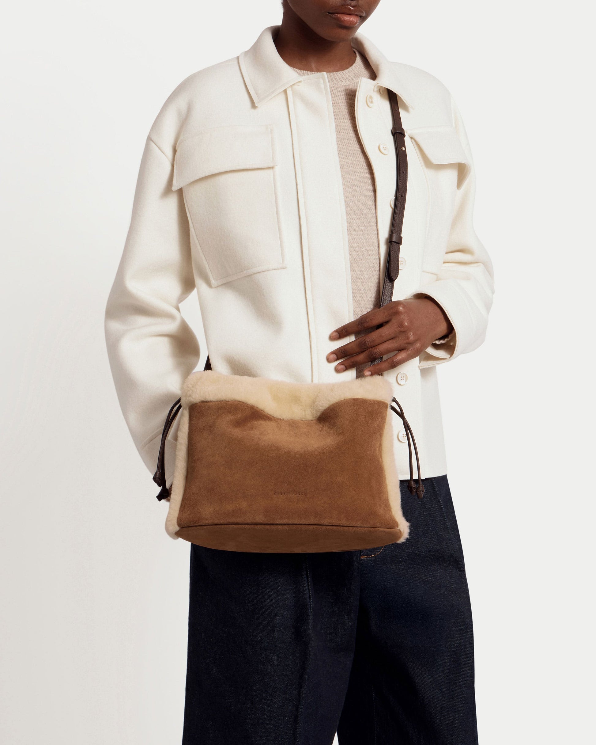 Charlotte Midi Drawstring — Tan Suede & Shearling