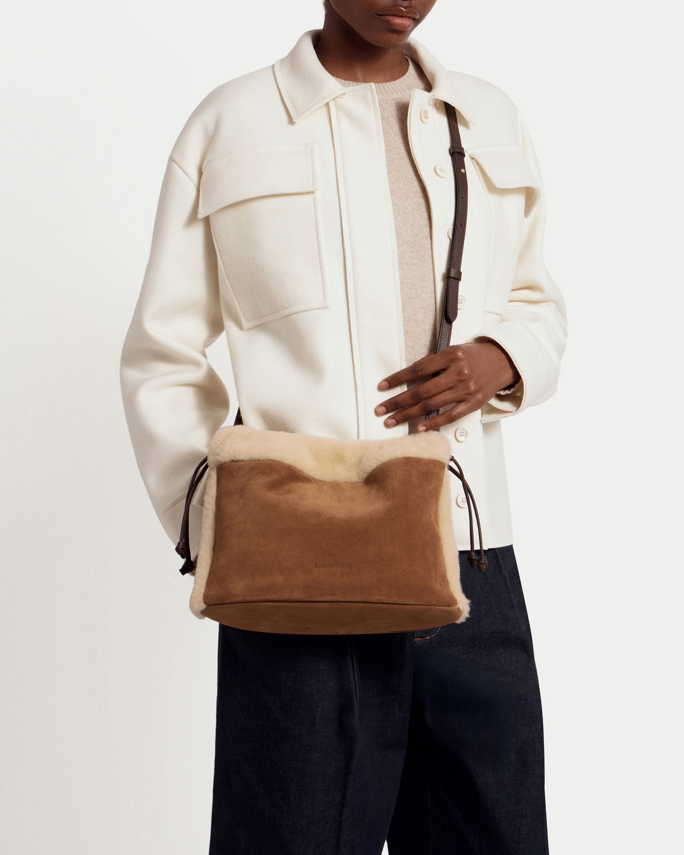 Charlotte Midi Drawstring — Tan Suede & Shearling