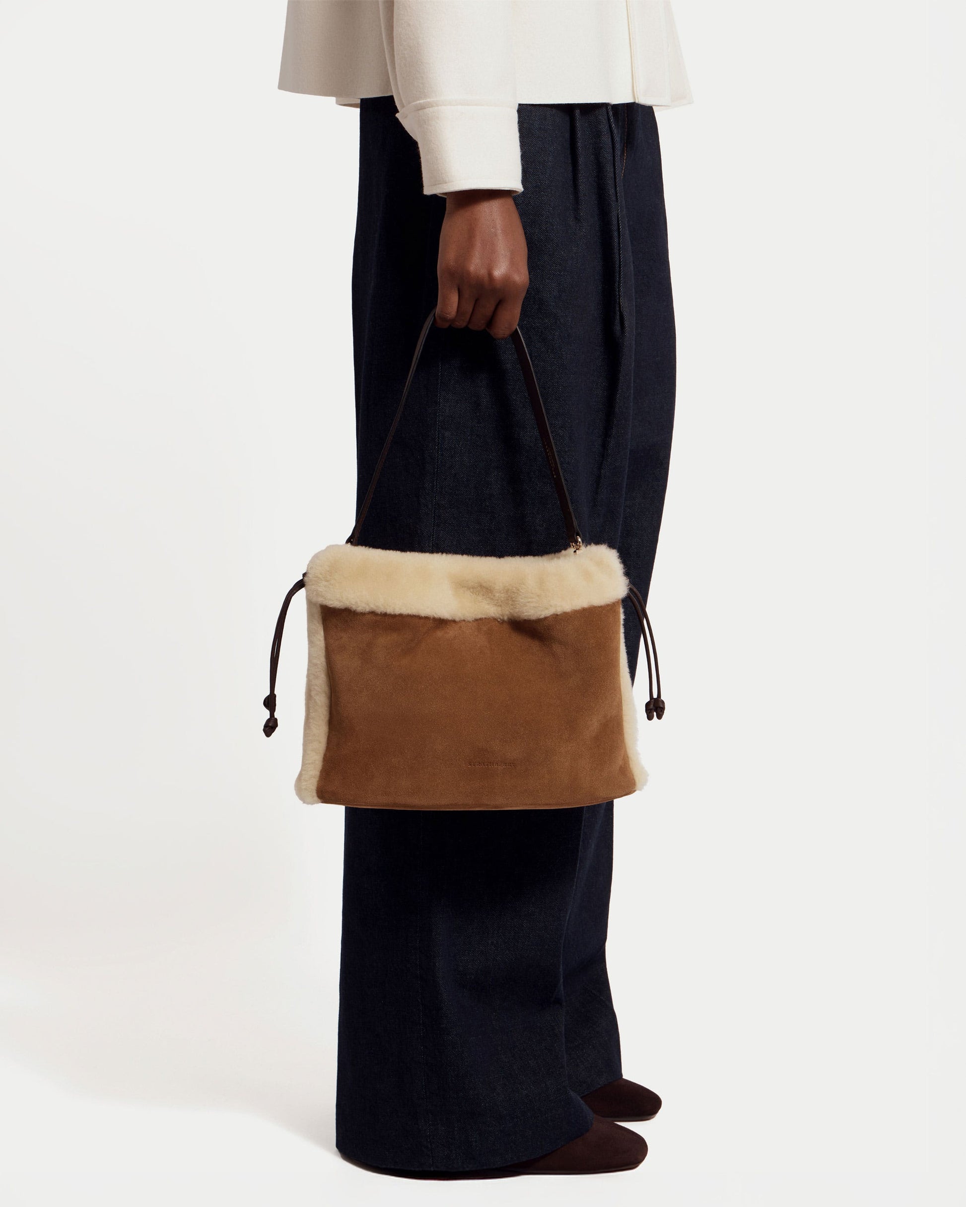 Charlotte Midi Drawstring — Tan Suede & Shearling