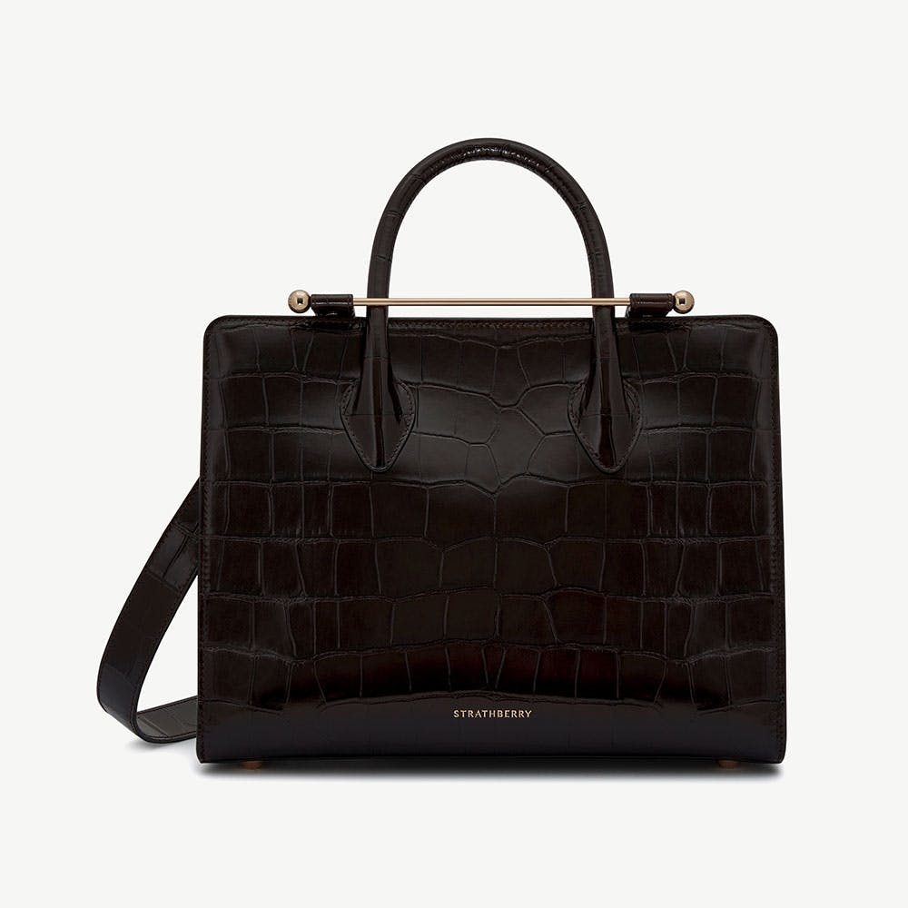 Midi Tote — Mahogany Croc-Embossed Leather