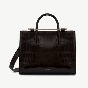 Midi Tote — Mahogany Croc-Embossed Leather