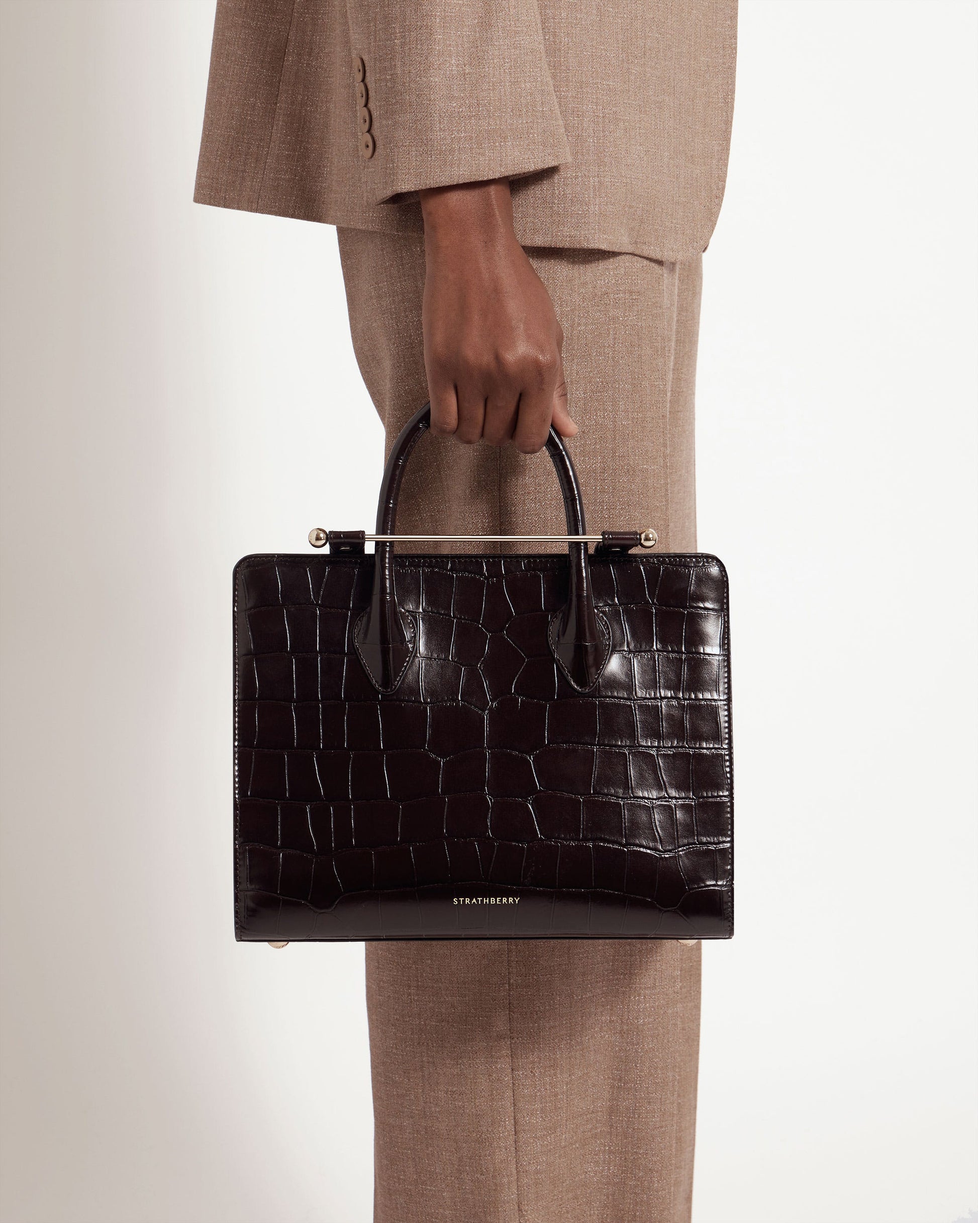 Midi Tote — Mahogany Croc-Embossed Leather