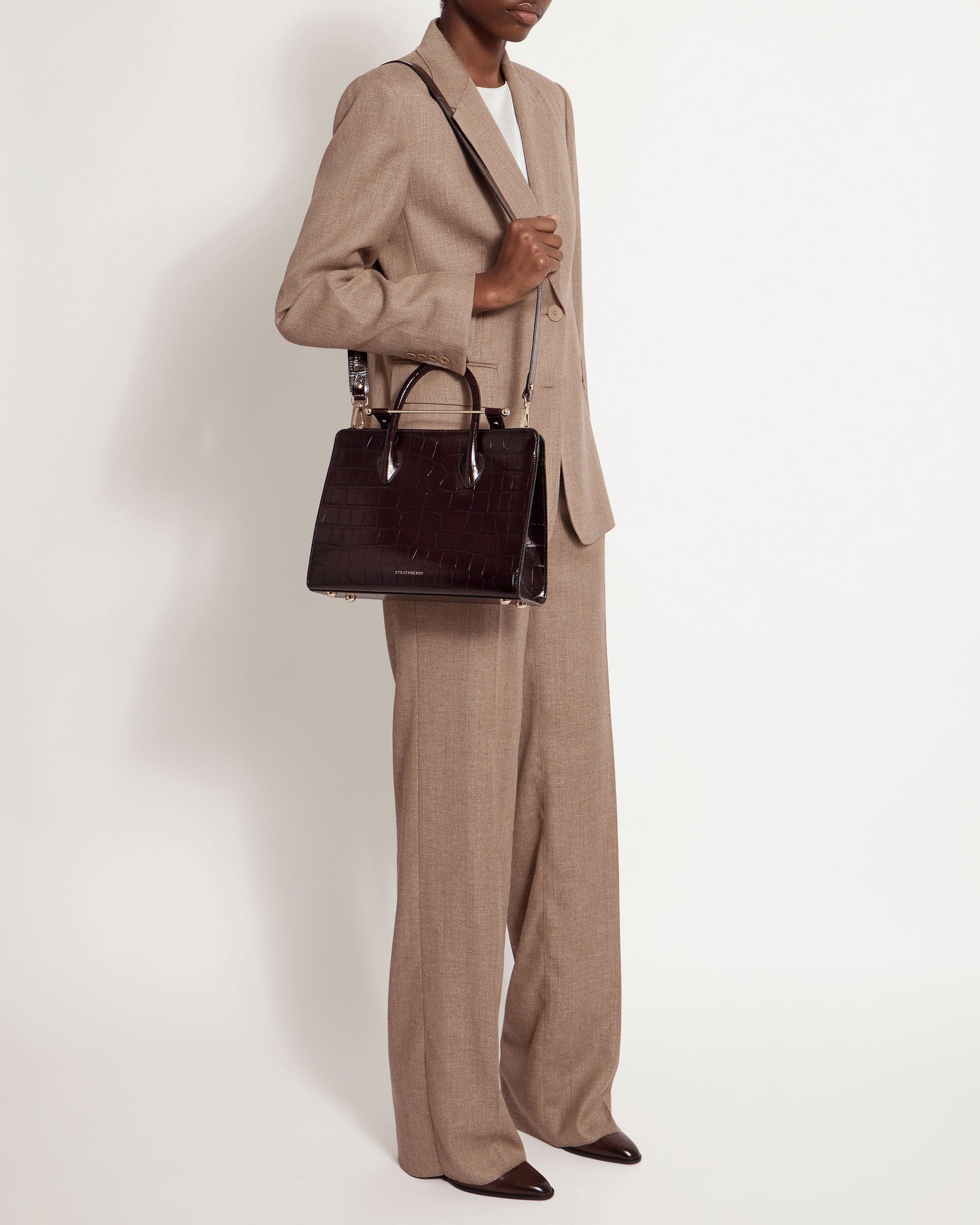 Midi Tote — Mahogany Croc-Embossed Leather