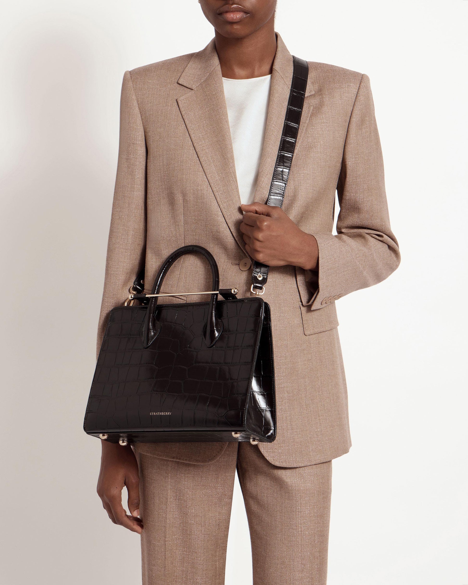 Midi Tote — Mahogany Croc-Embossed Leather