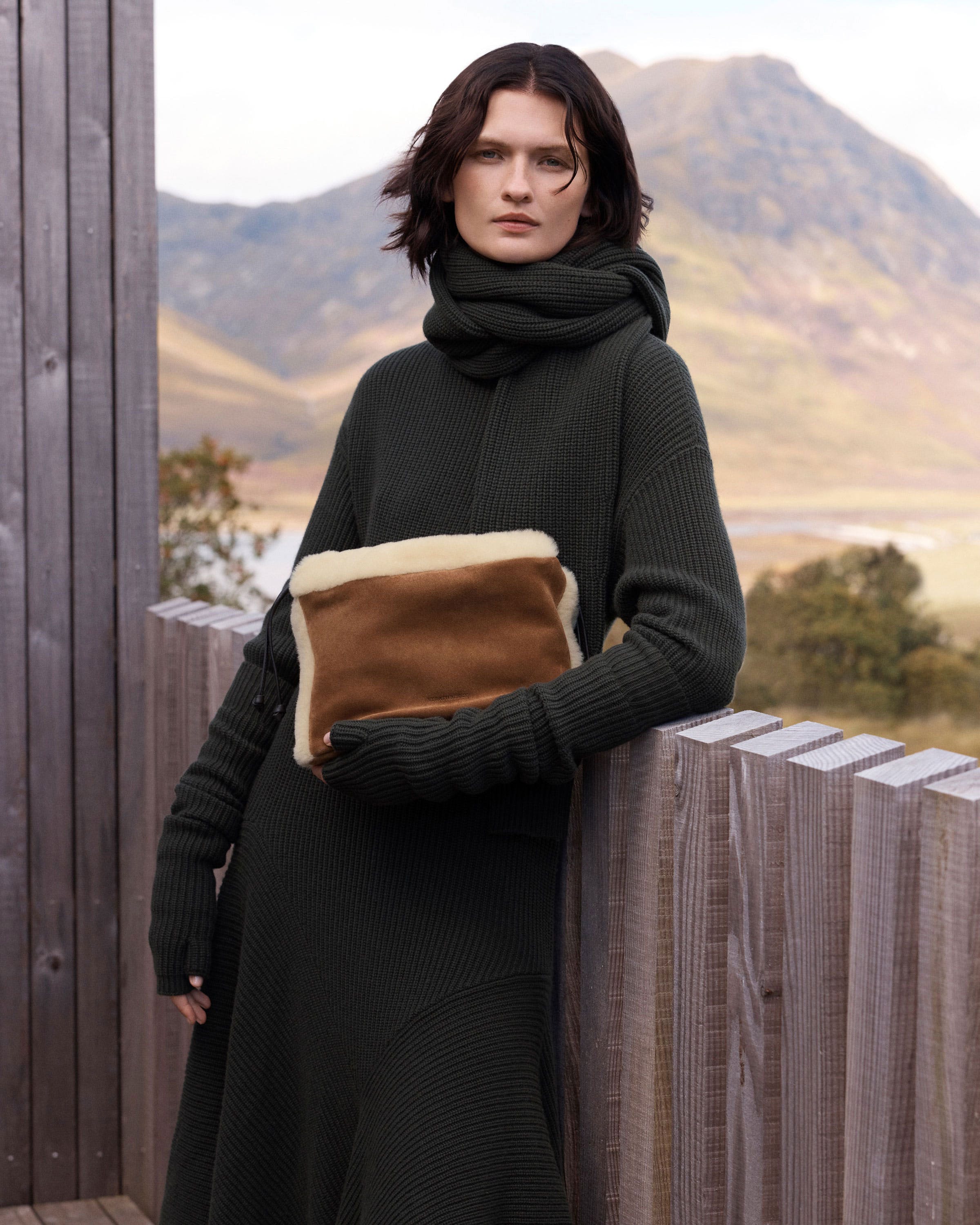 Charlotte Midi Drawstring — Tan Suede & Shearling