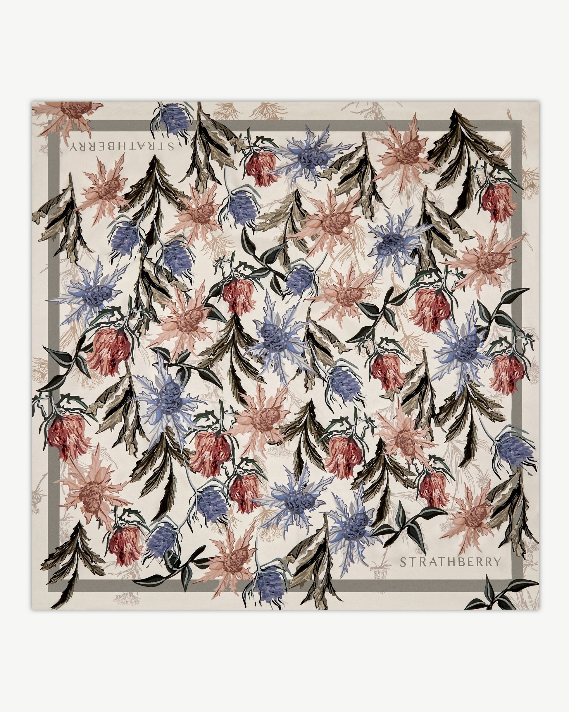 Silk Square Scarf — Vanilla & Forest Green Thistle Print