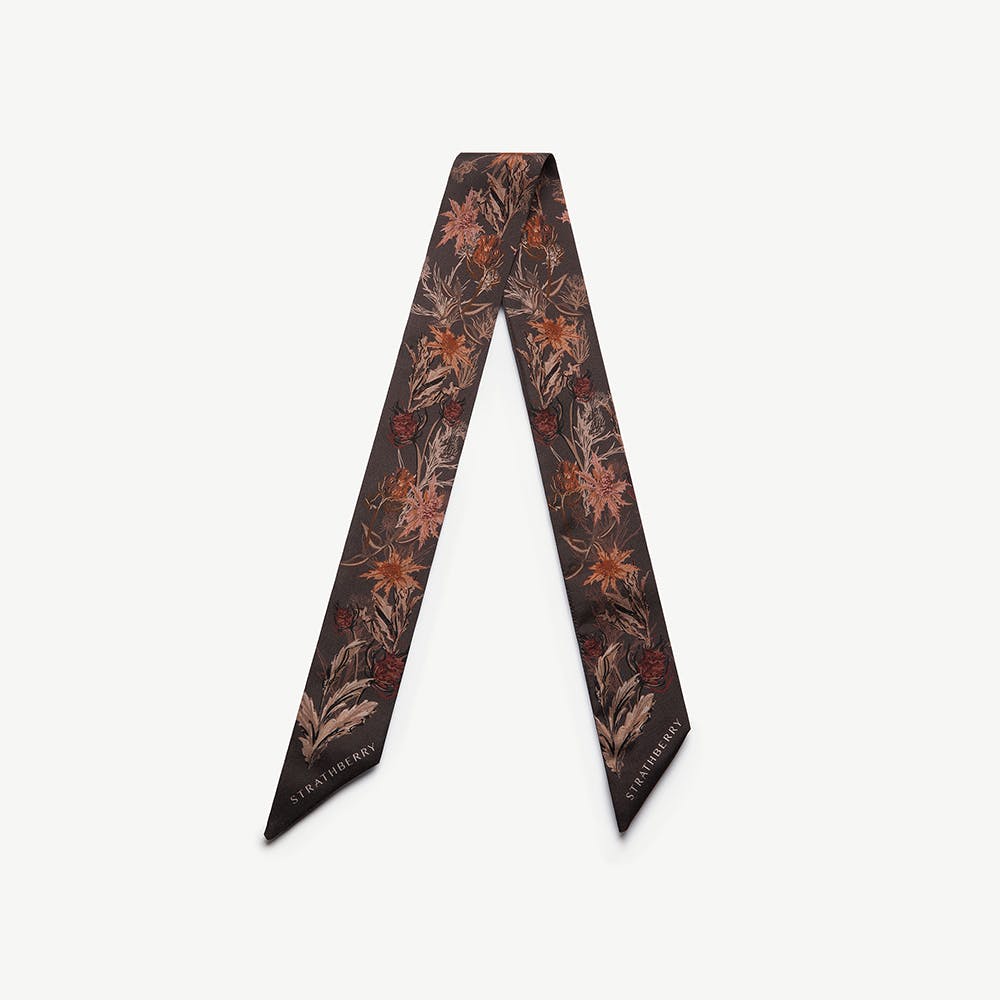 Silk Skinny Scarf — Espresso Thistle Print