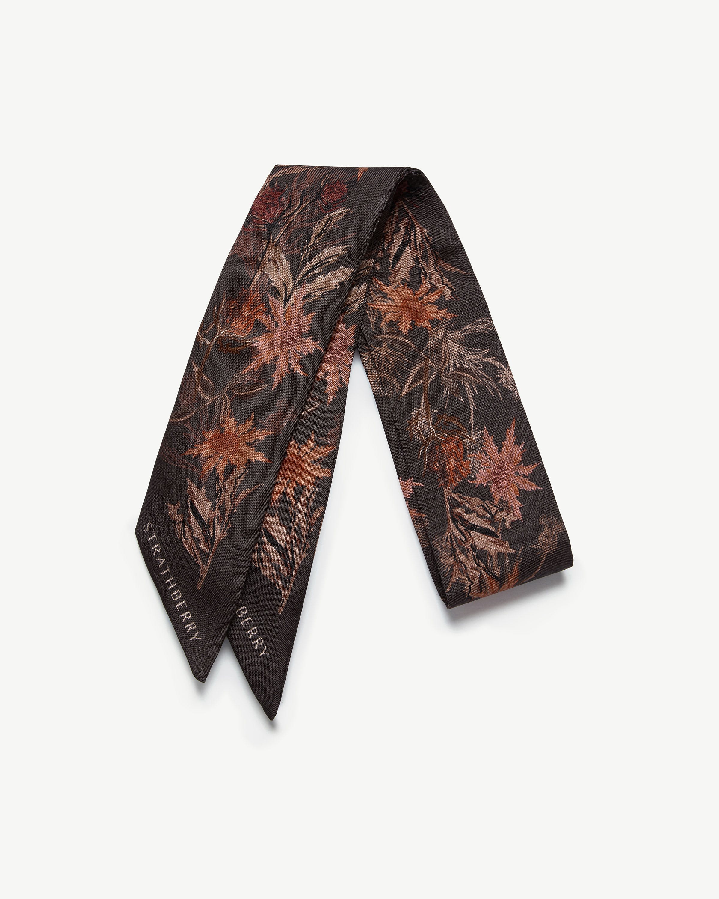 Silk Skinny Scarf — Espresso Thistle Print
