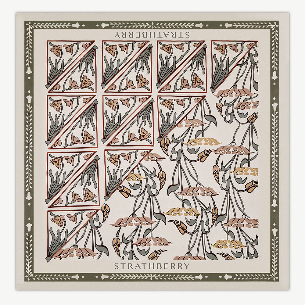 Silk Square Scarf — Geometric Print in Vanilla & Sage