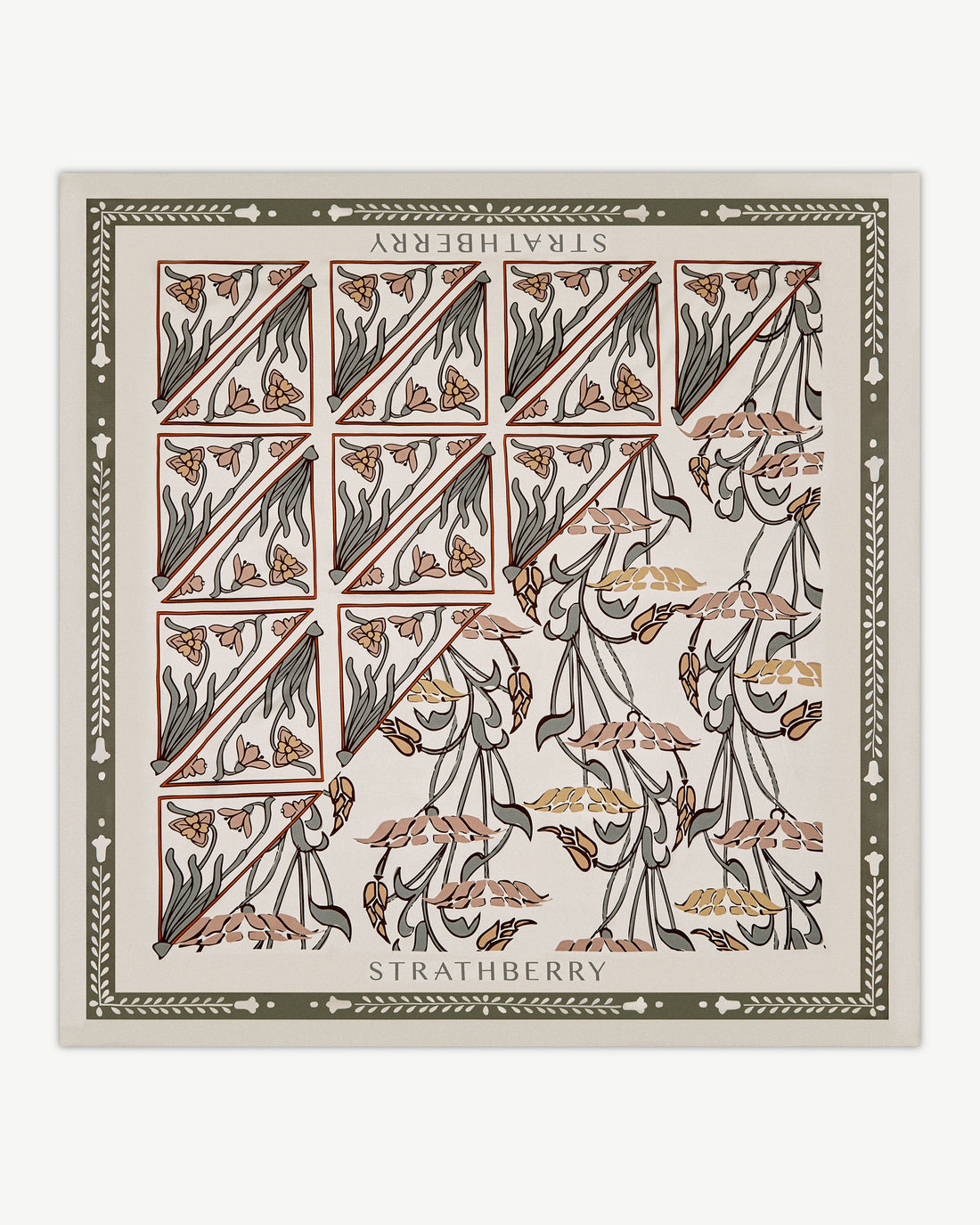 Silk Square Scarf — Geometric Print in Vanilla & Sage