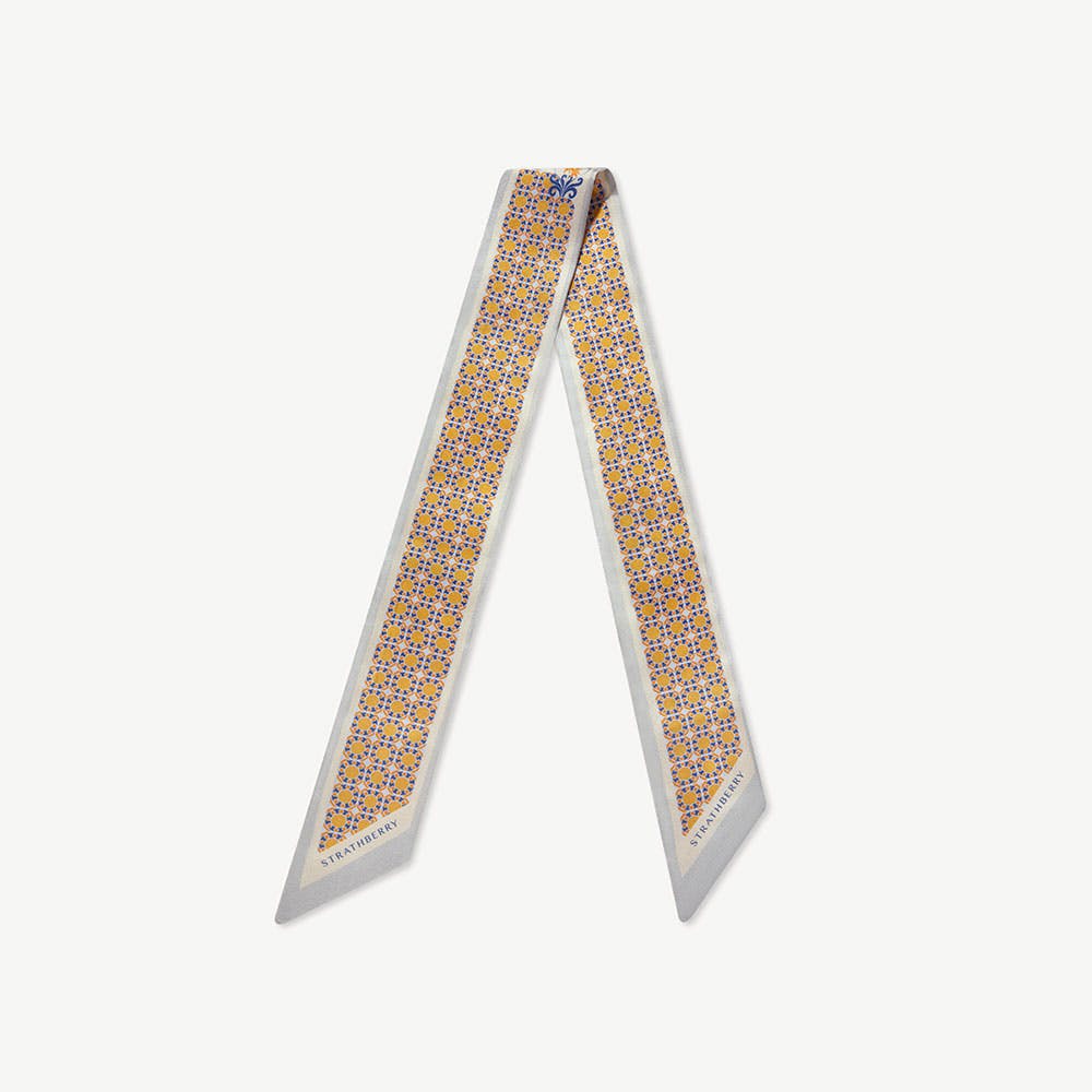 Silk Skinny Scarf — Geometric Tile in Marble Grey & Brûlée