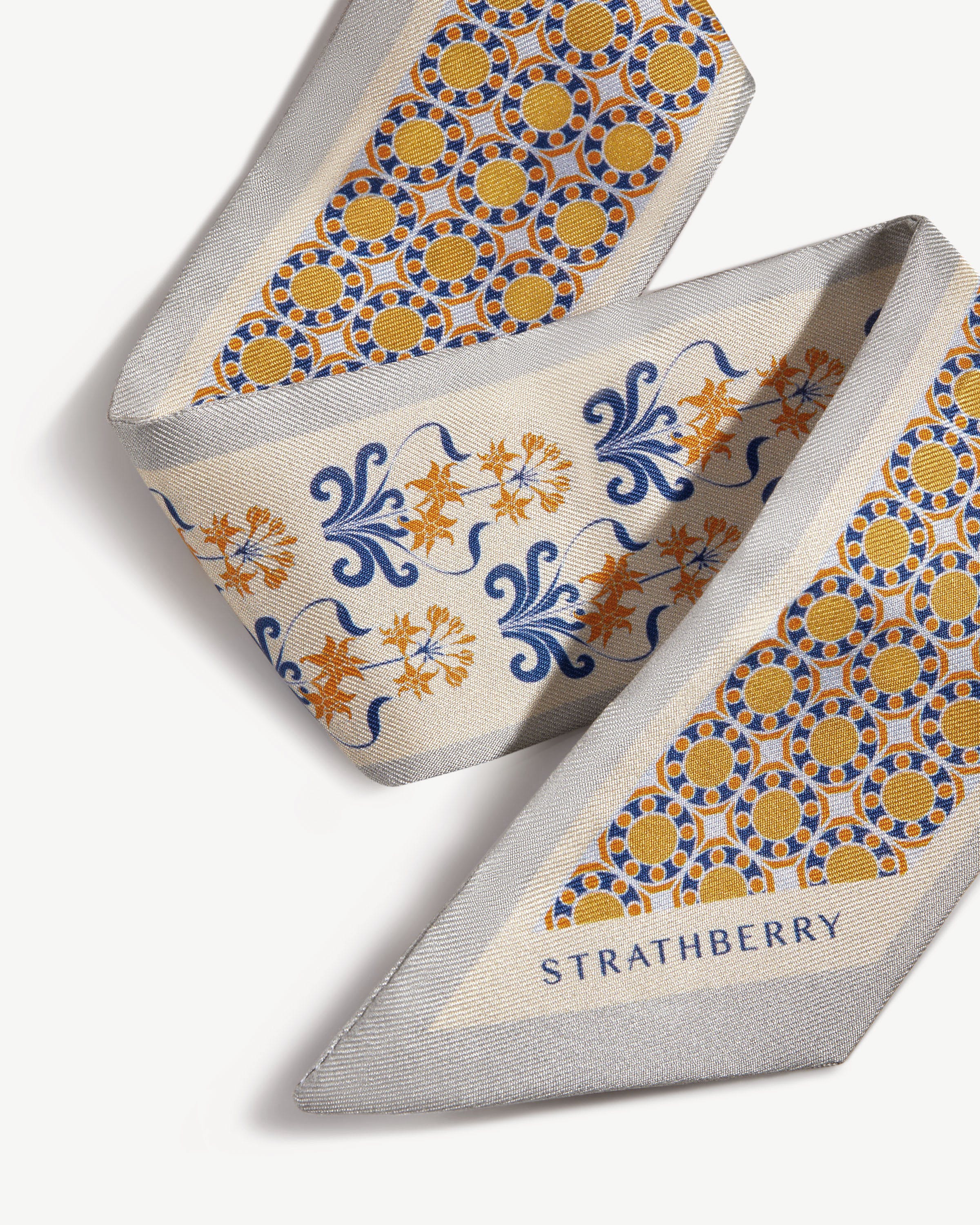 Silk Skinny Scarf — Geometric Tile in Marble Grey & Brûlée