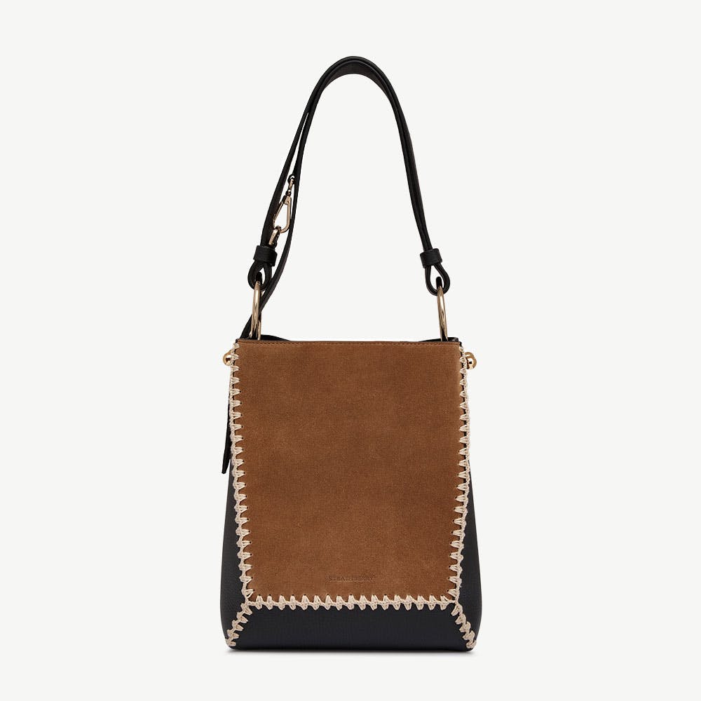Lana Midi Bucket Bag — Tan Suede & Black Crochet Leather