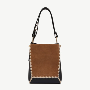 Lana Midi Bucket Bag — Tan Suede & Black Crochet Leather