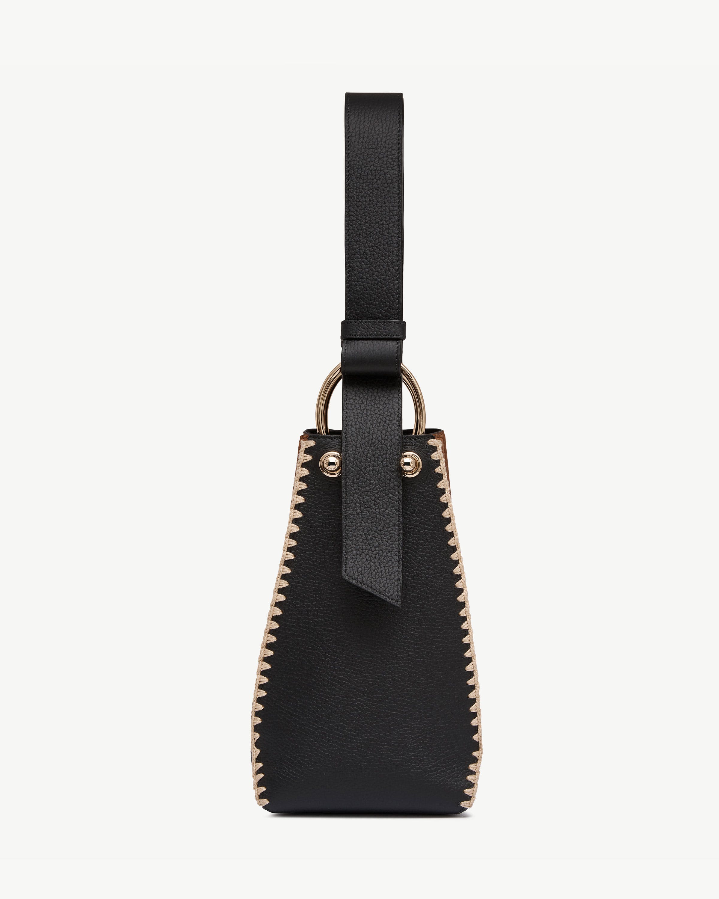Lana Midi Bucket Bag — Tan Suede & Black Crochet Leather