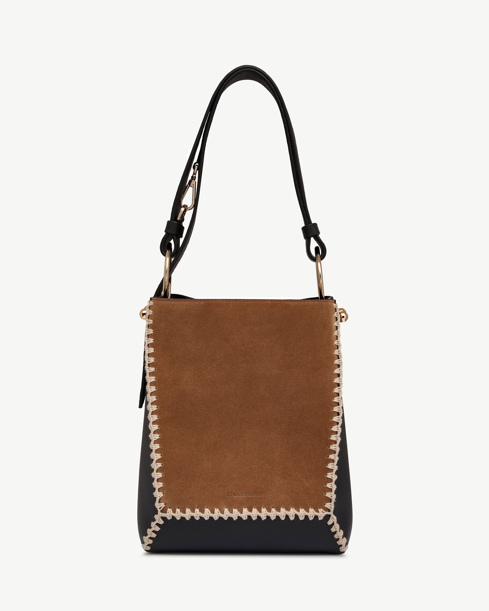Lana Midi Bucket Bag — Tan Suede & Black Crochet Leather