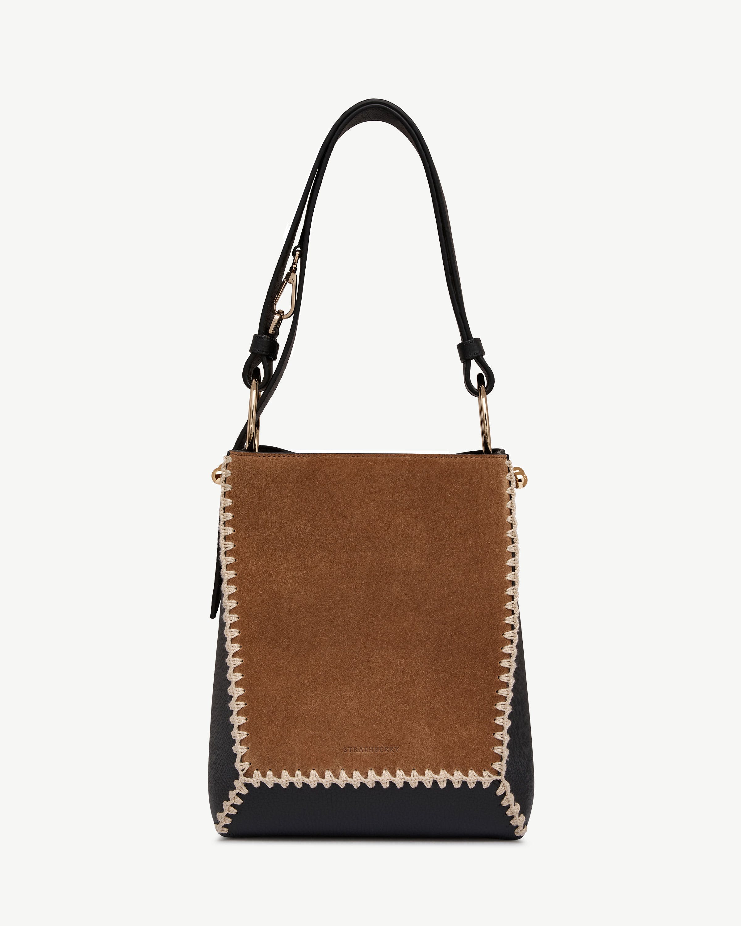 Lana Midi Bucket Bag — Tan Suede & Black Crochet Leather