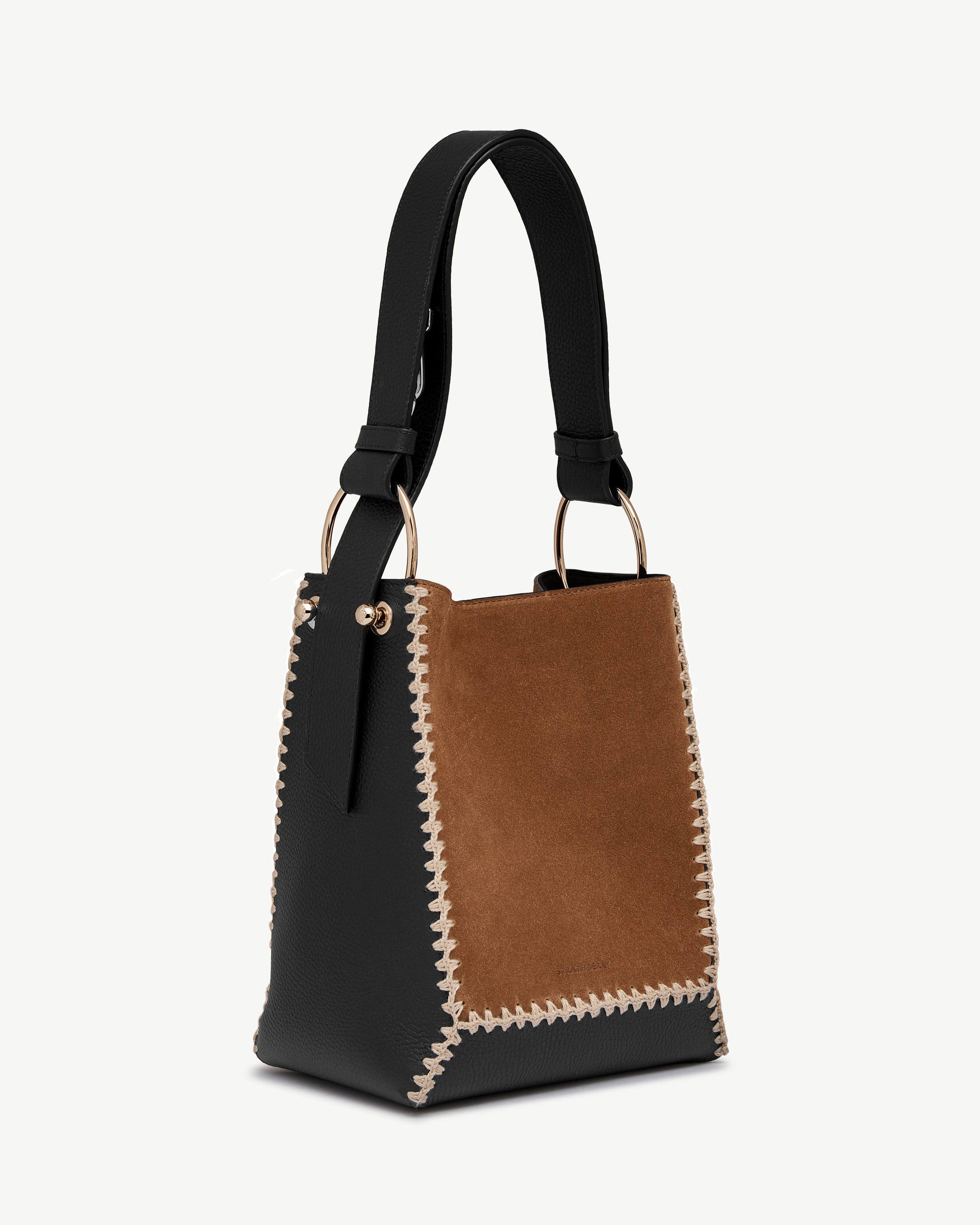 Lana Midi Bucket Bag — Tan Suede & Black Crochet Leather